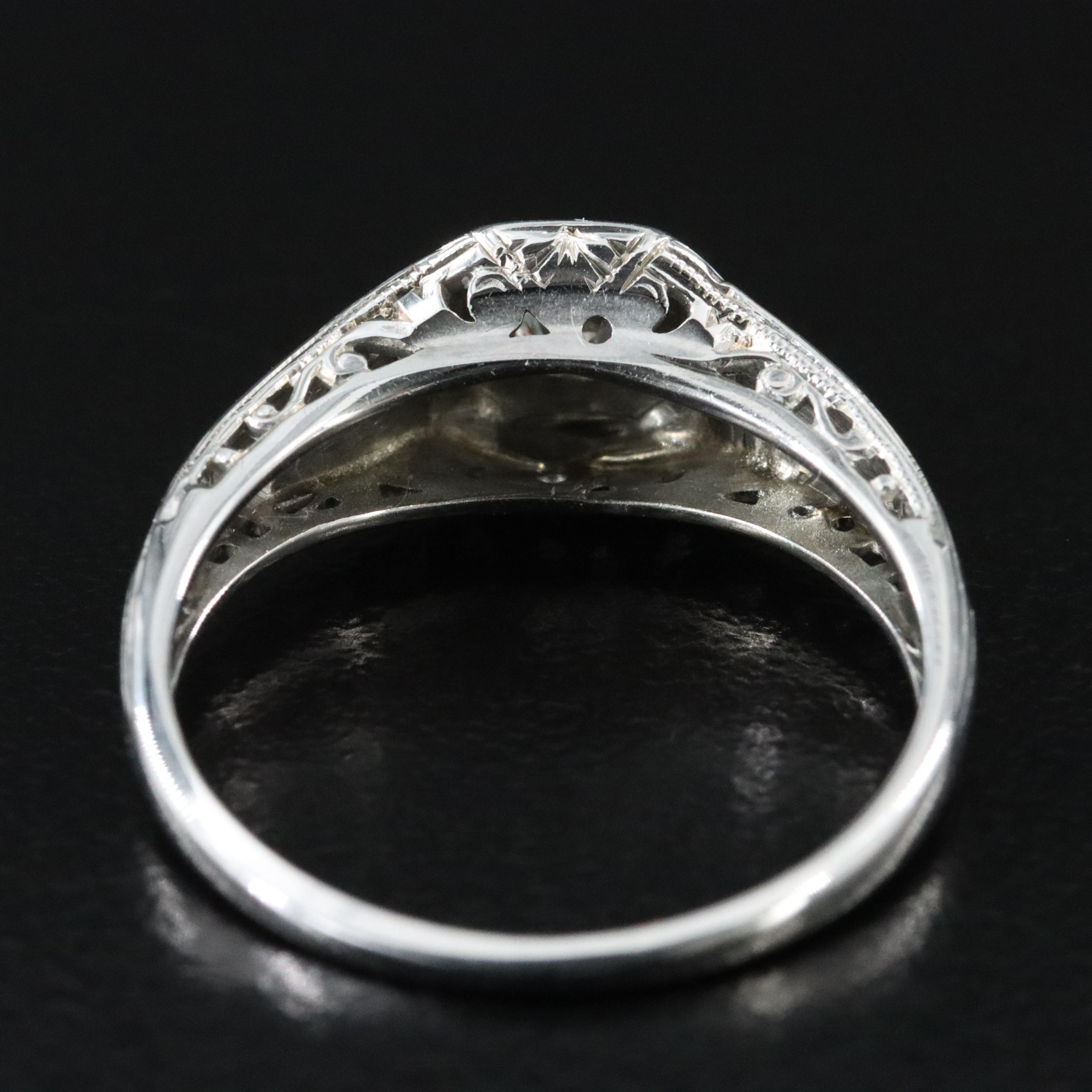 Art Deco 18K 0.16 CT Diamond Solitaire Ring with Acanthus Leaf Engraving