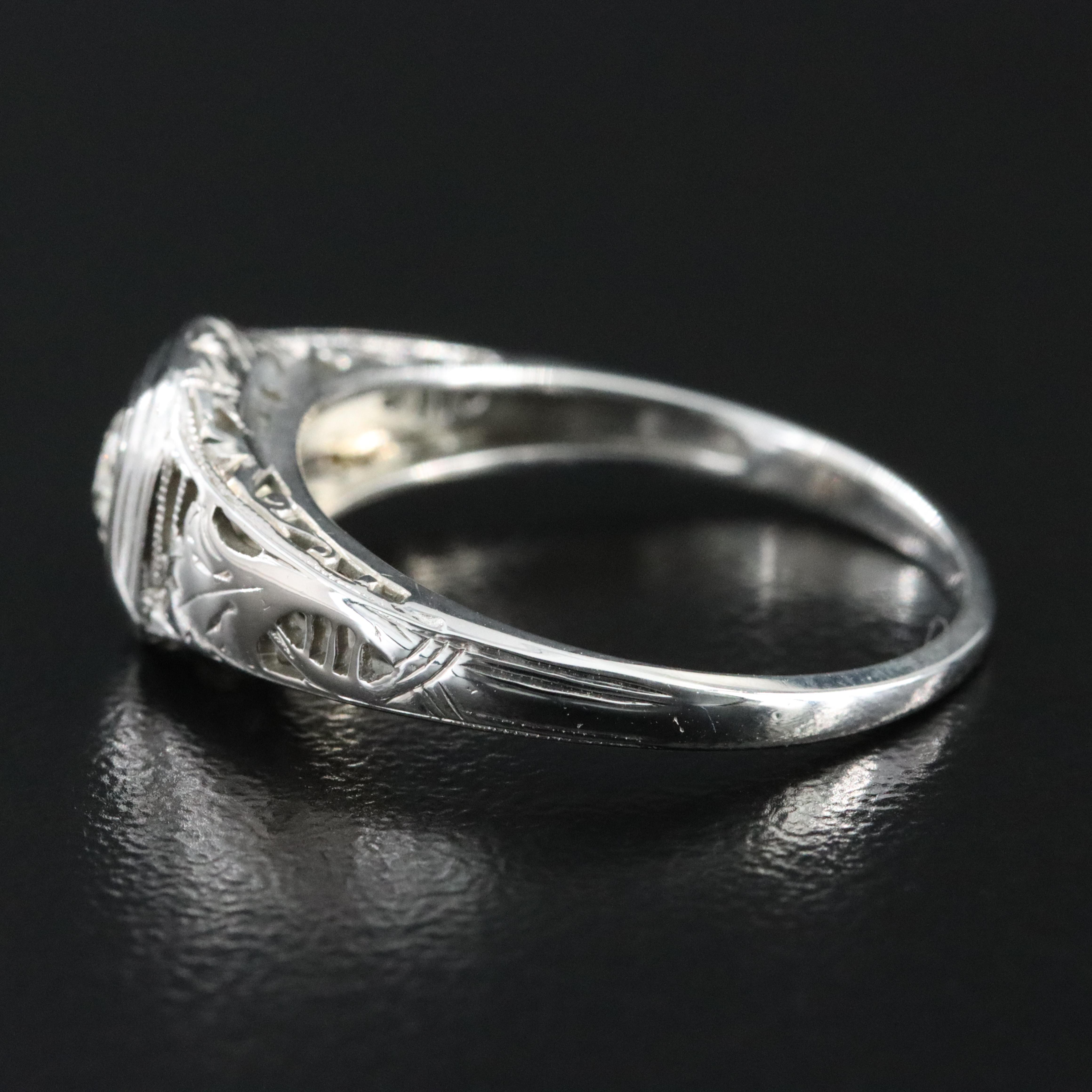 Art Deco 18K 0.16 CT Diamond Solitaire Ring with Acanthus Leaf Engraving