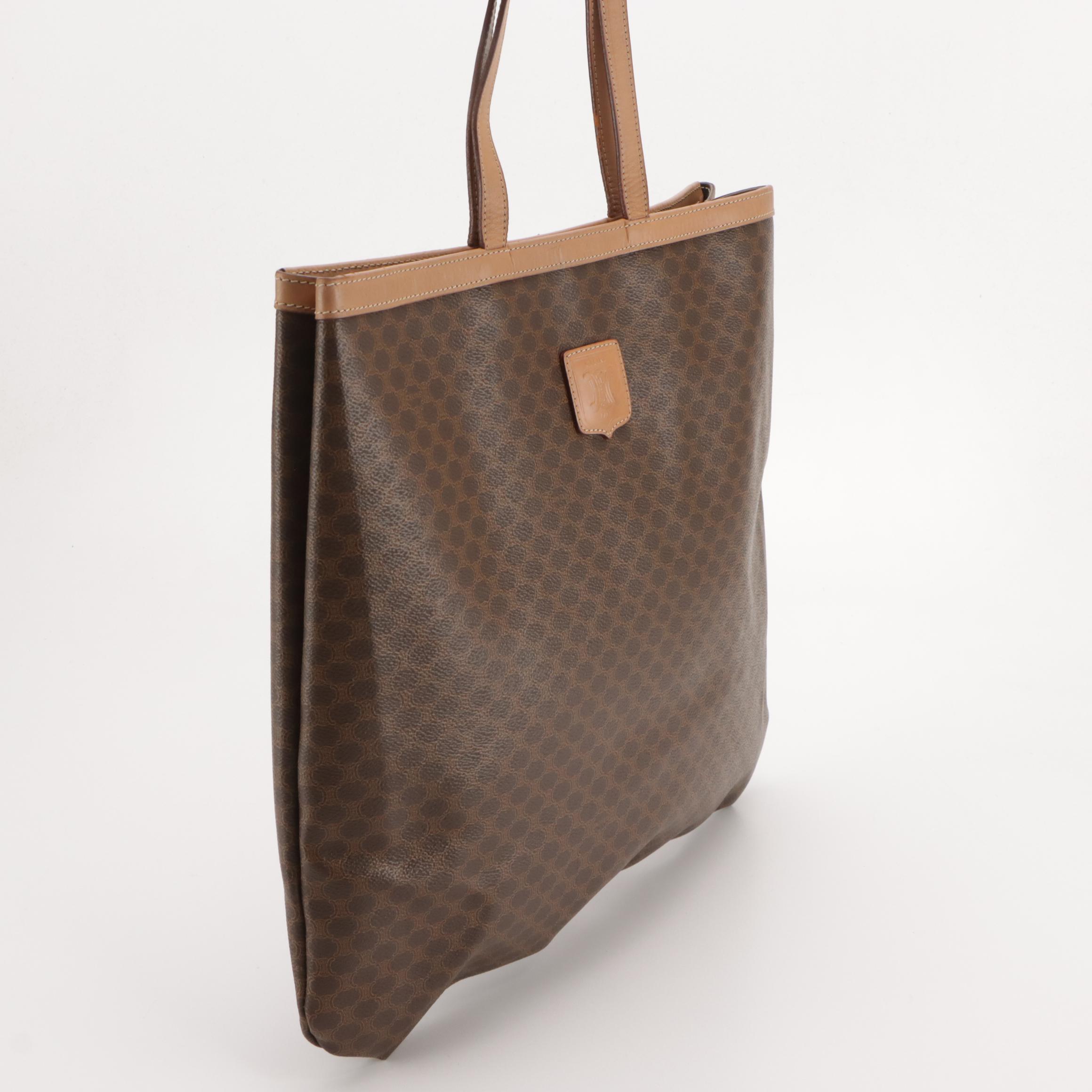 Celine Large Tote in Dark Brown Macadam Canvas and Leather Trim
