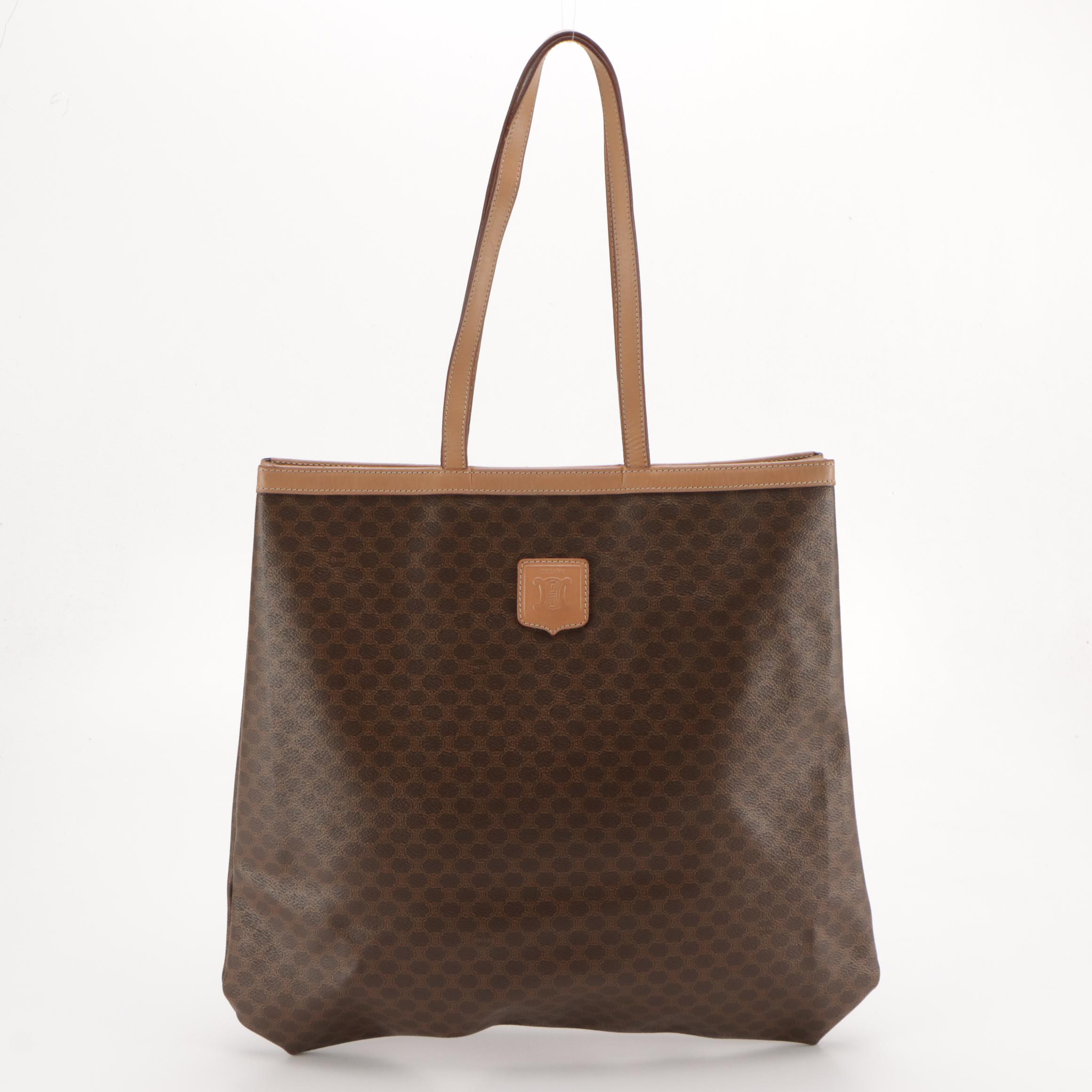 Celine Large Tote in Dark Brown Macadam Canvas and Leather Trim