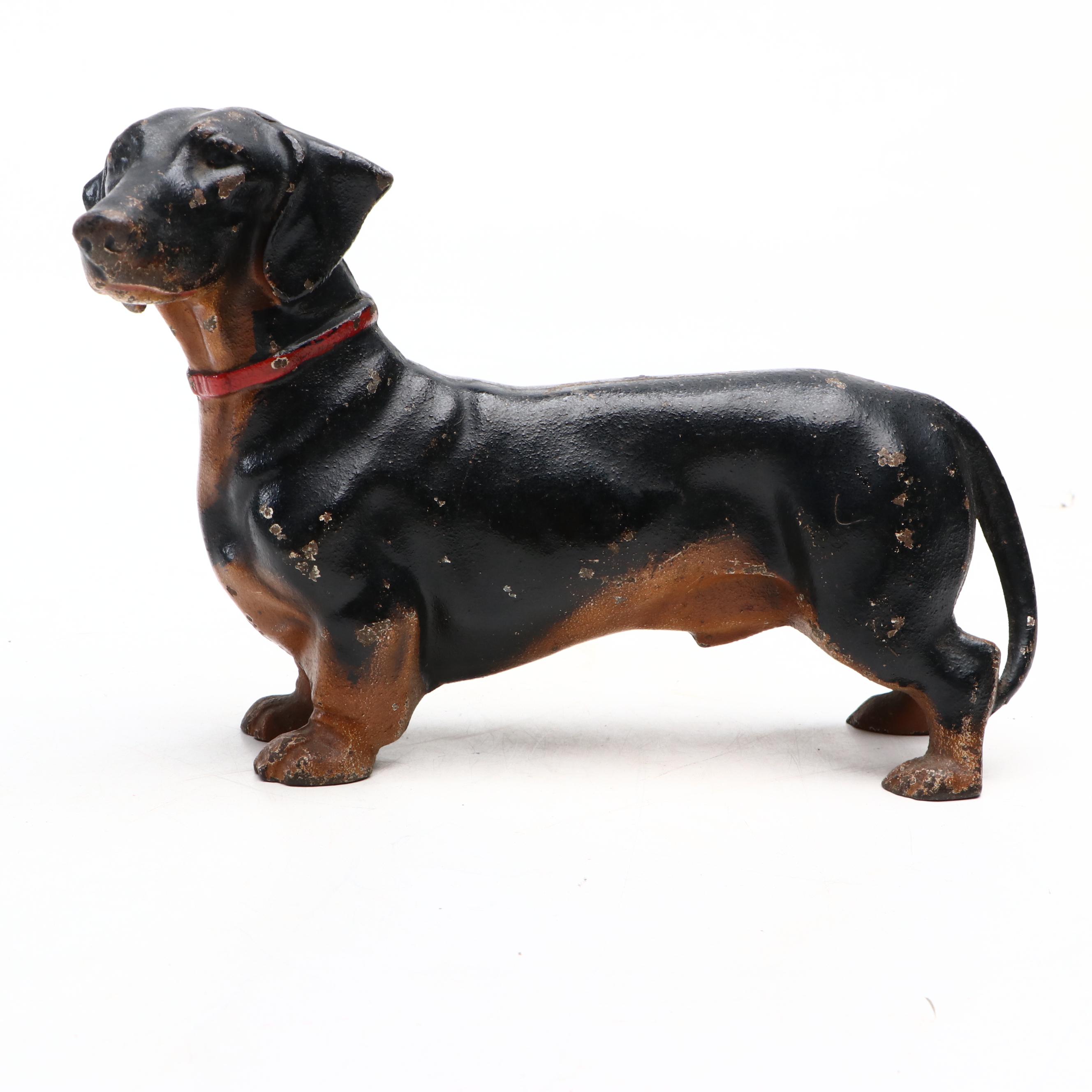 American Painted Cast Iron Dachshund Doorstop, Mid-20th Century