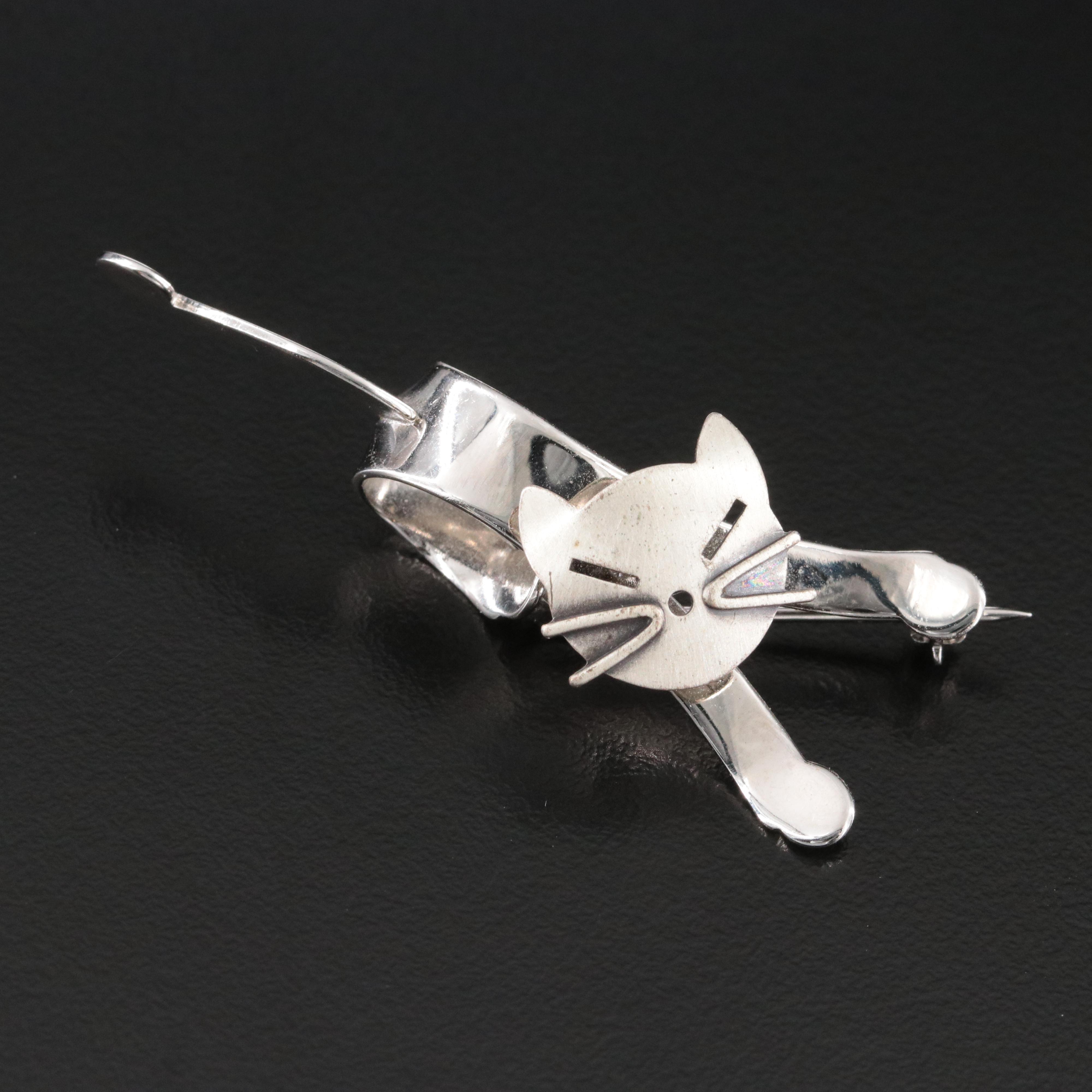 Vintage Sterling Articulated Cat Brooch