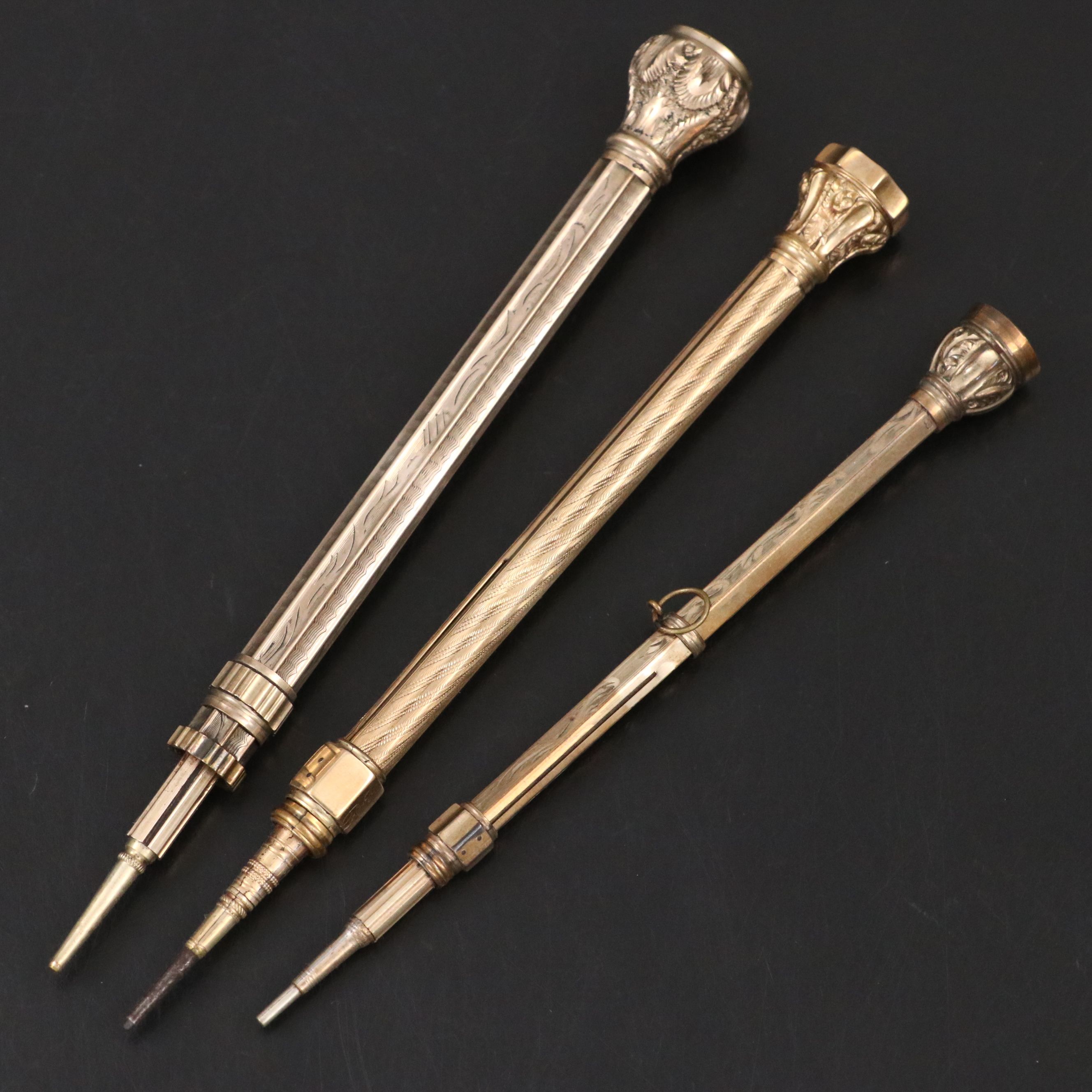 Gold Plate Mechanical Pencils Embellished with Citrine and Chalcedony, Antique