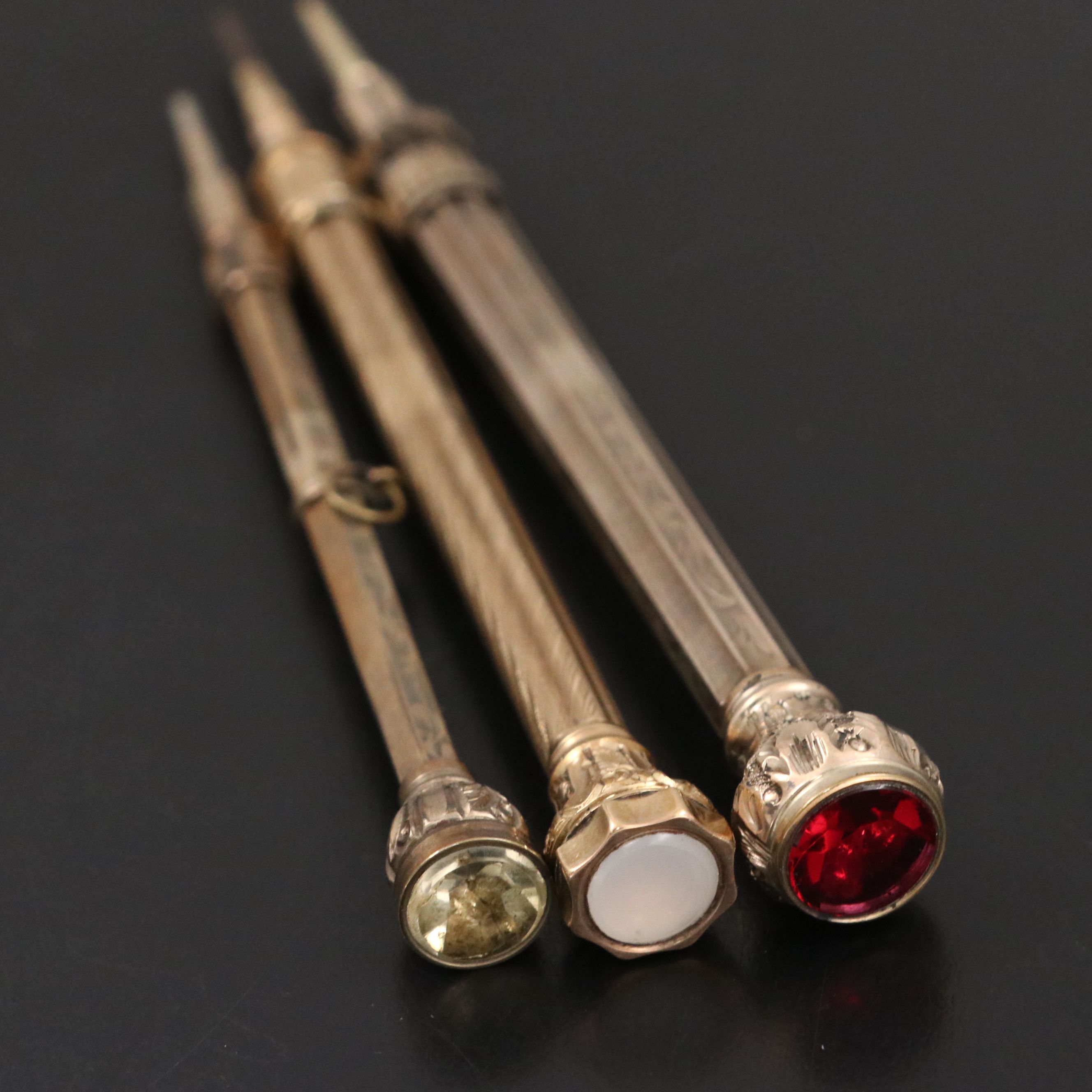 Gold Plate Mechanical Pencils Embellished with Citrine and Chalcedony, Antique