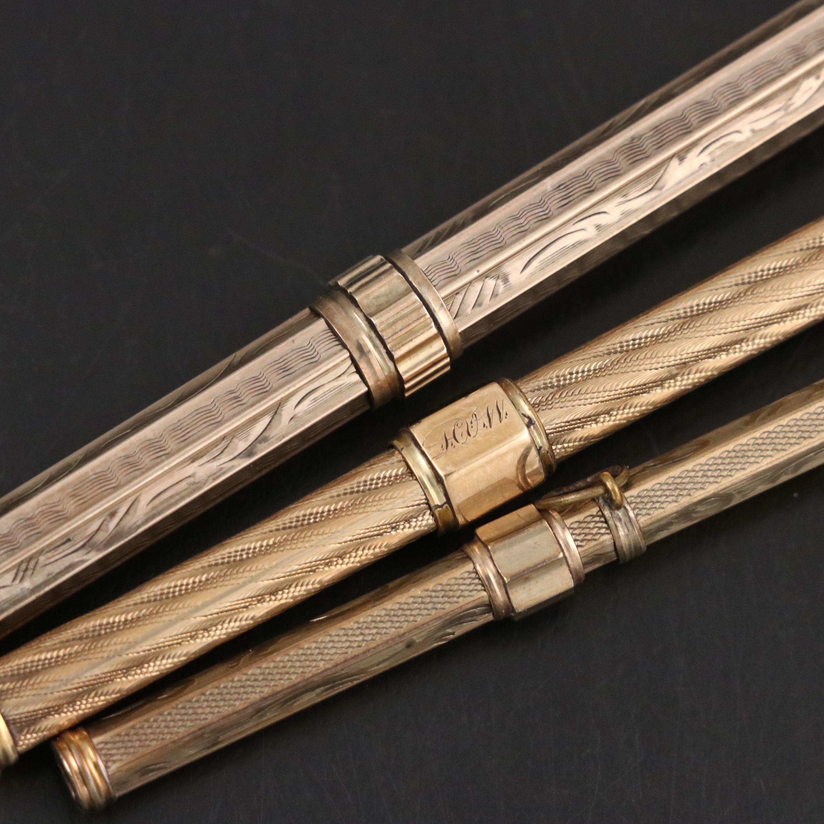 Gold Plate Mechanical Pencils Embellished with Citrine and Chalcedony, Antique