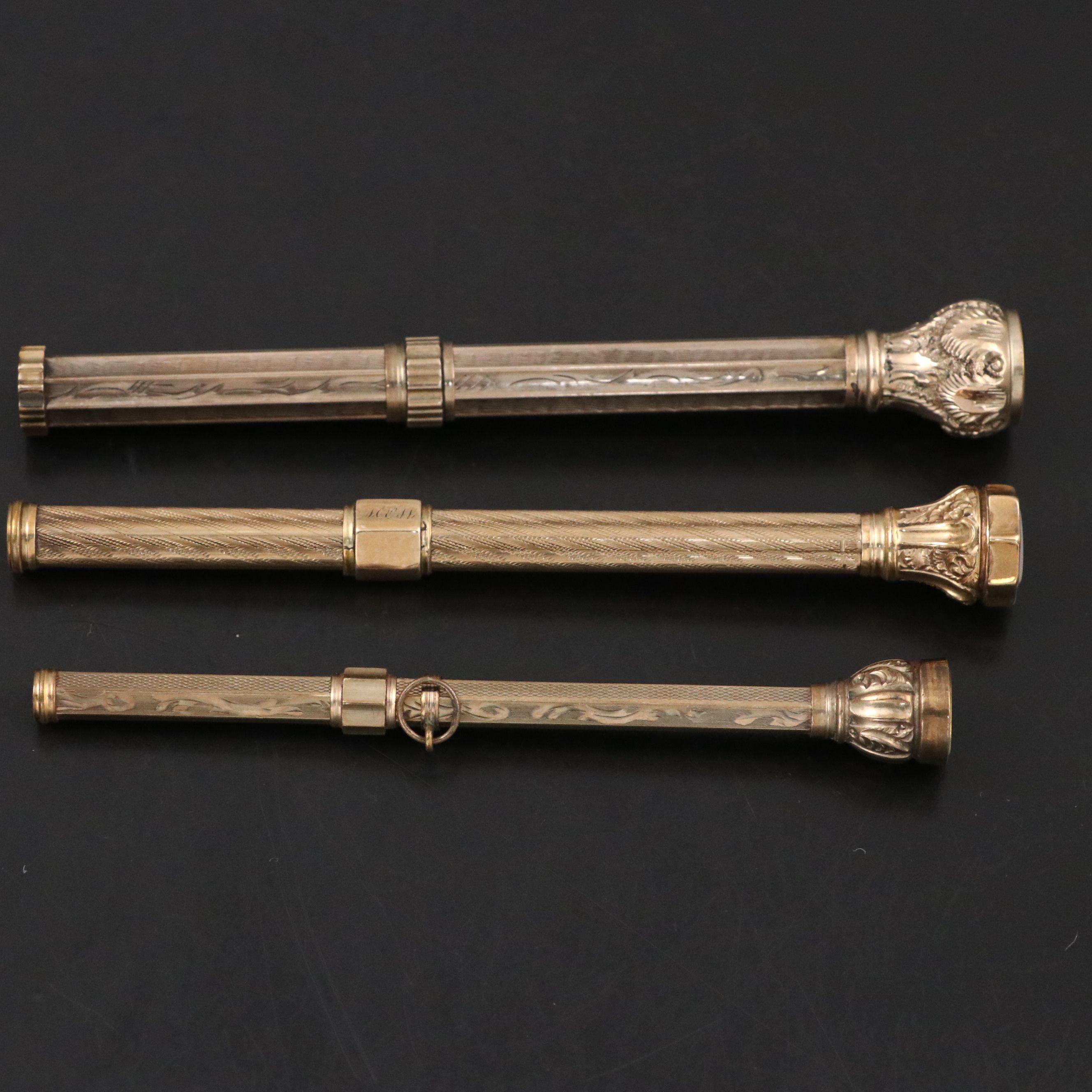 Gold Plate Mechanical Pencils Embellished with Citrine and Chalcedony, Antique