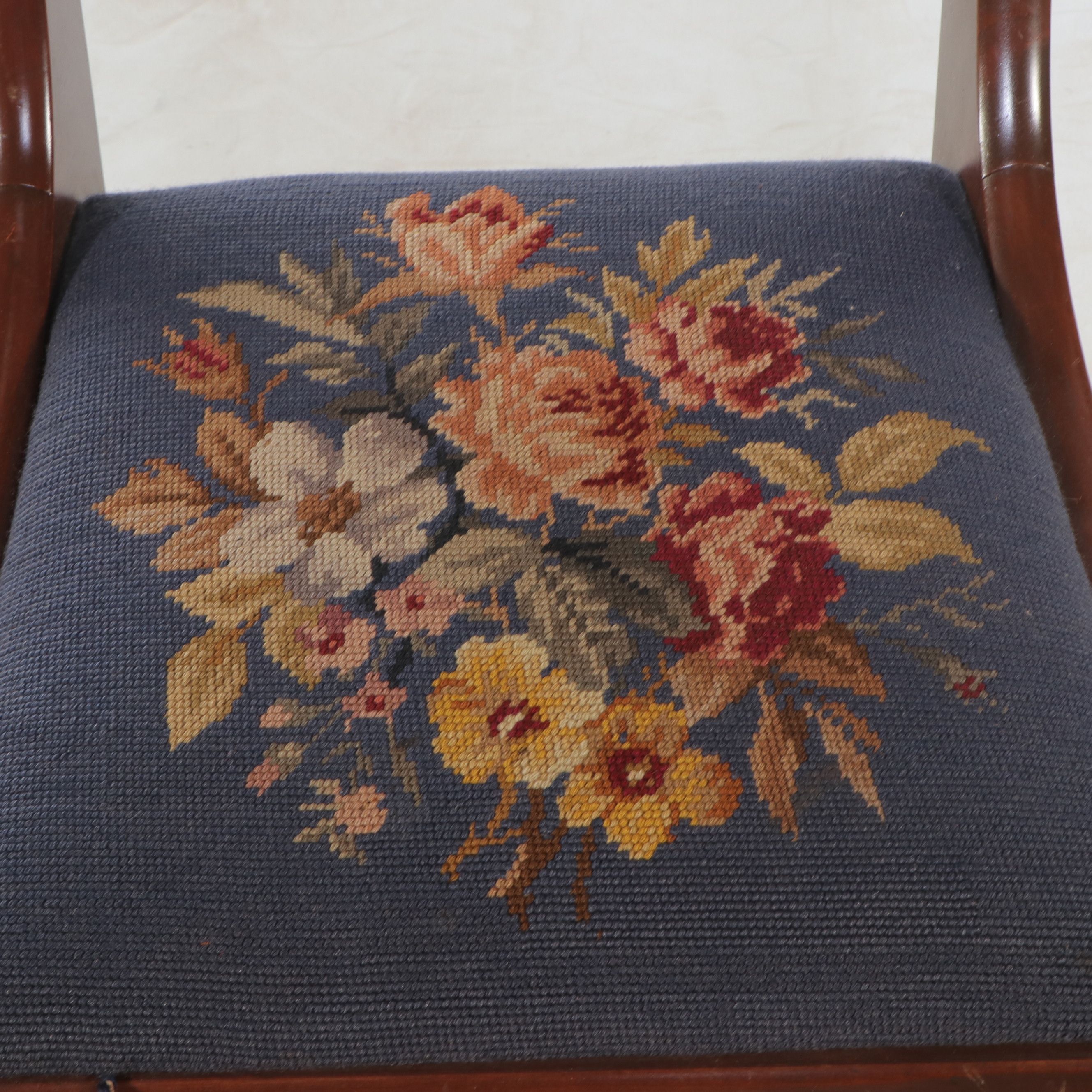 Victorian Carved Mahogany Saber Leg Side Chair with Needlepoint Upholstery