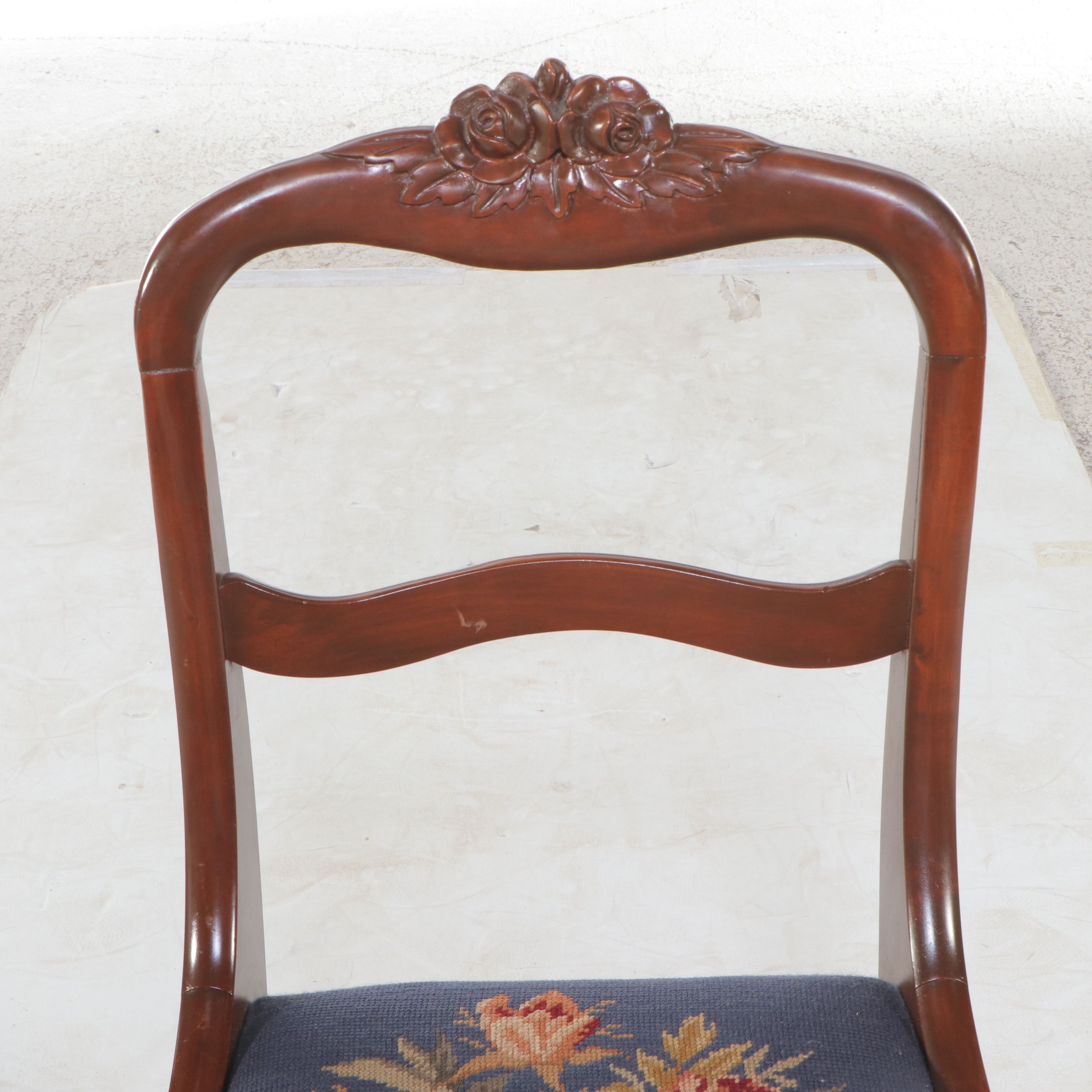 Victorian Carved Mahogany Saber Leg Side Chair with Needlepoint Upholstery
