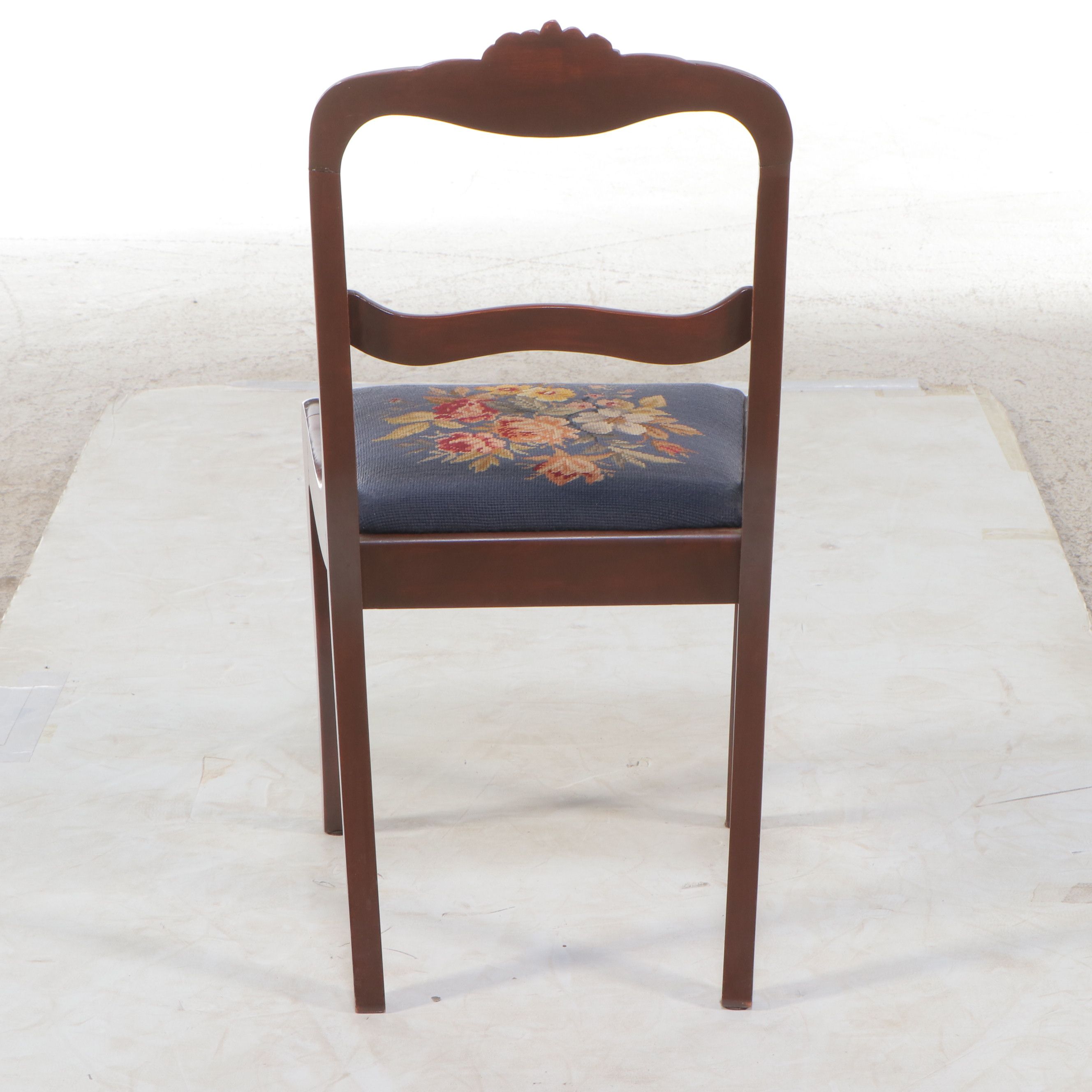 Victorian Carved Mahogany Saber Leg Side Chair with Needlepoint Upholstery