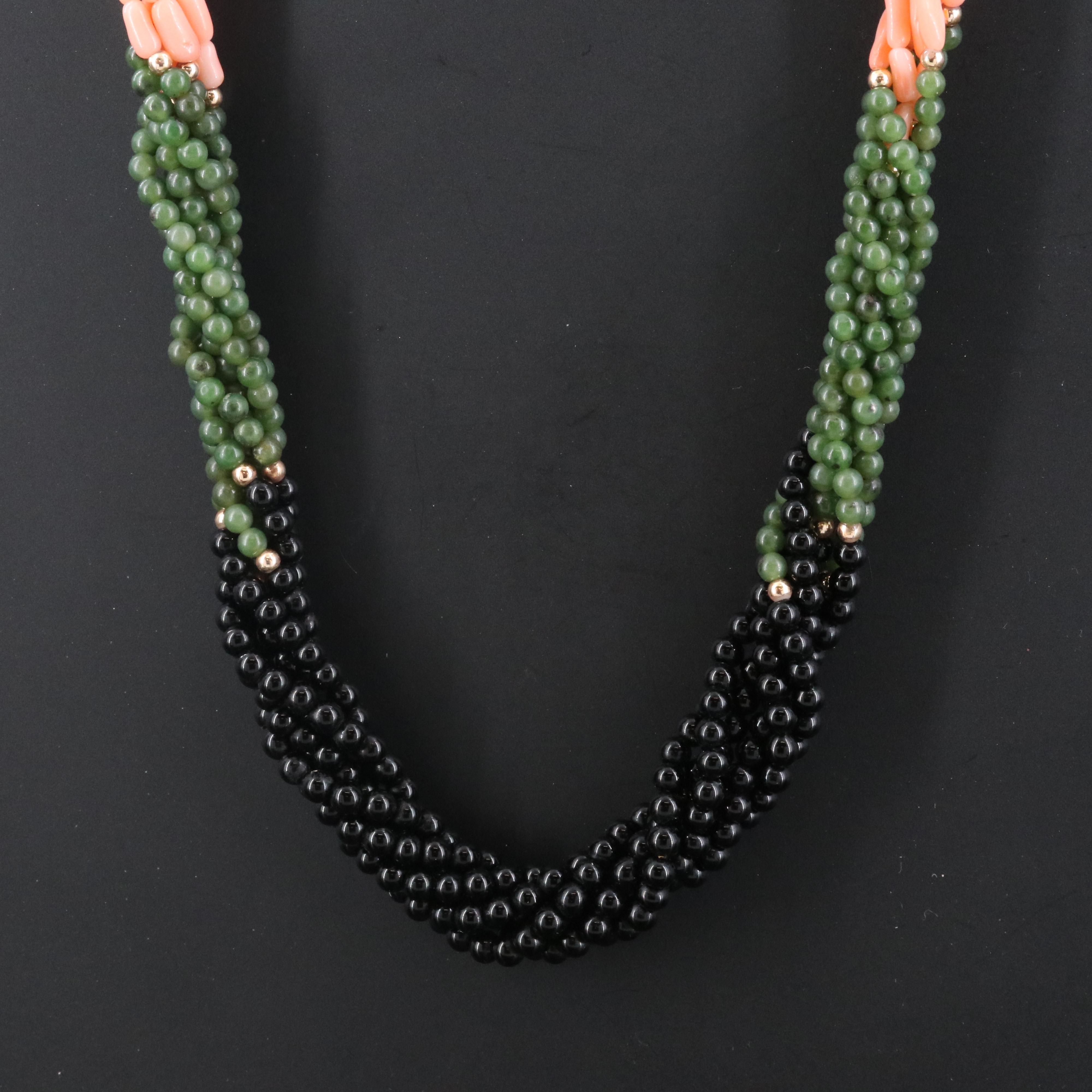 Torsade Black Onyx, Coral and Nephrite Necklace with 14K Clasp