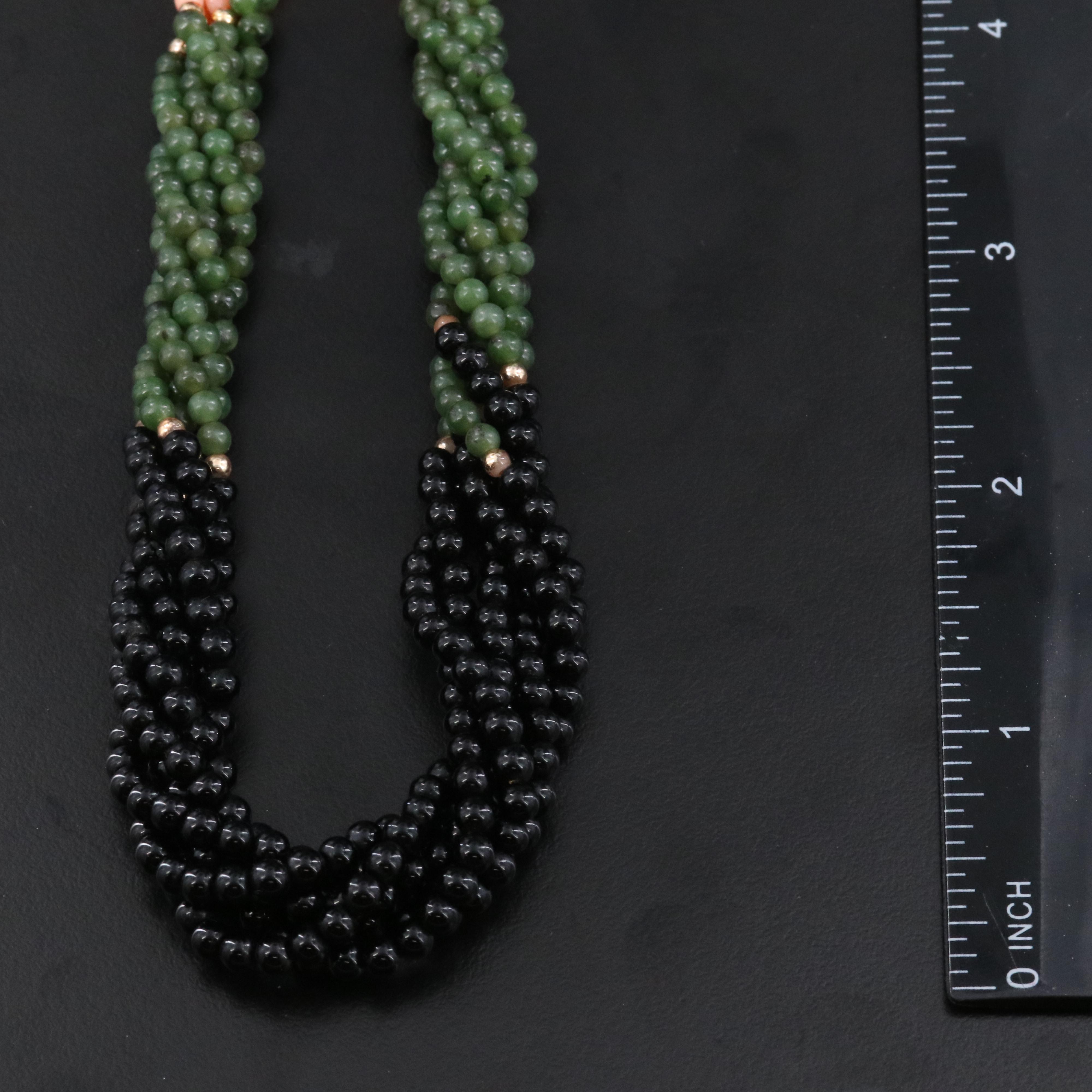 Torsade Black Onyx, Coral and Nephrite Necklace with 14K Clasp
