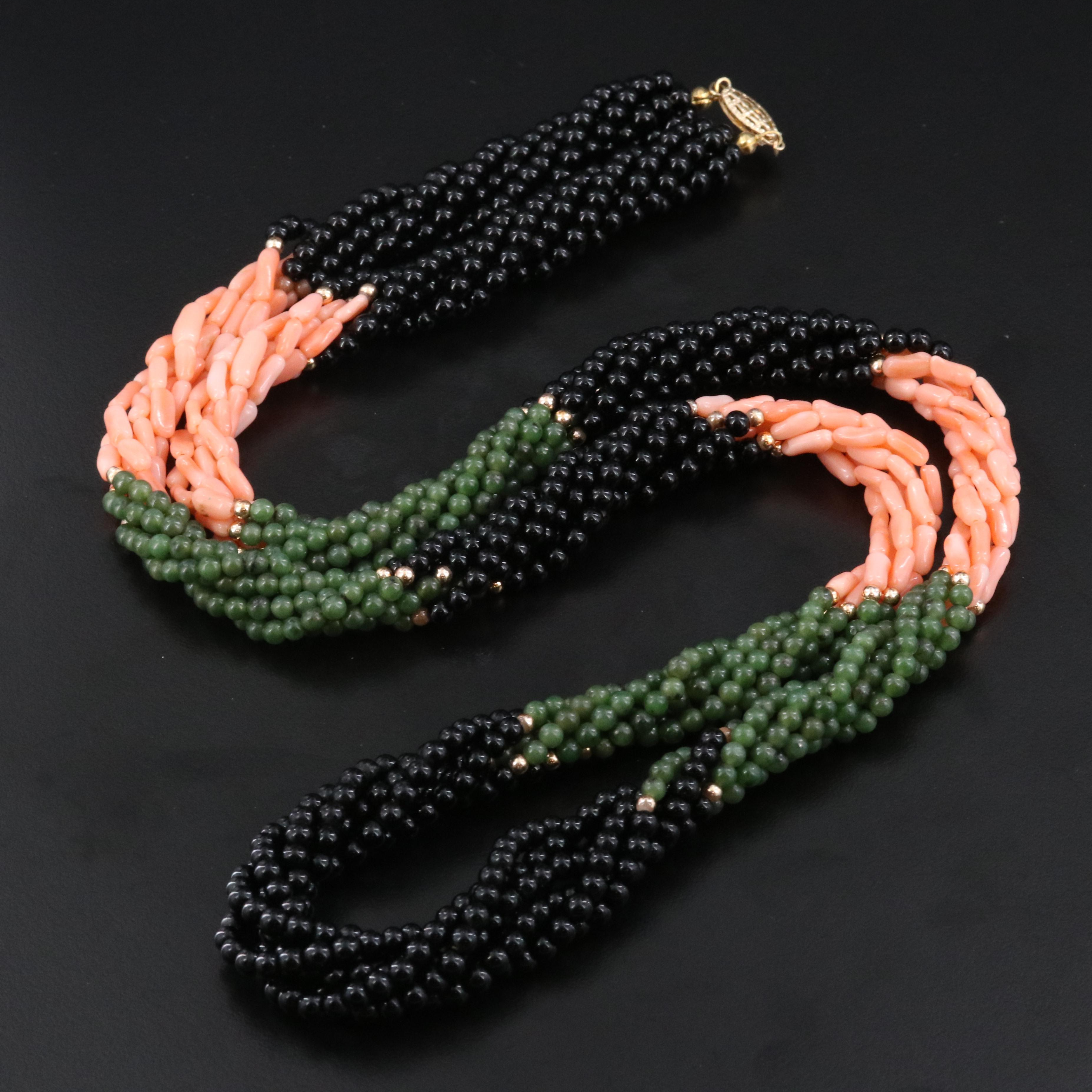 Torsade Black Onyx, Coral and Nephrite Necklace with 14K Clasp