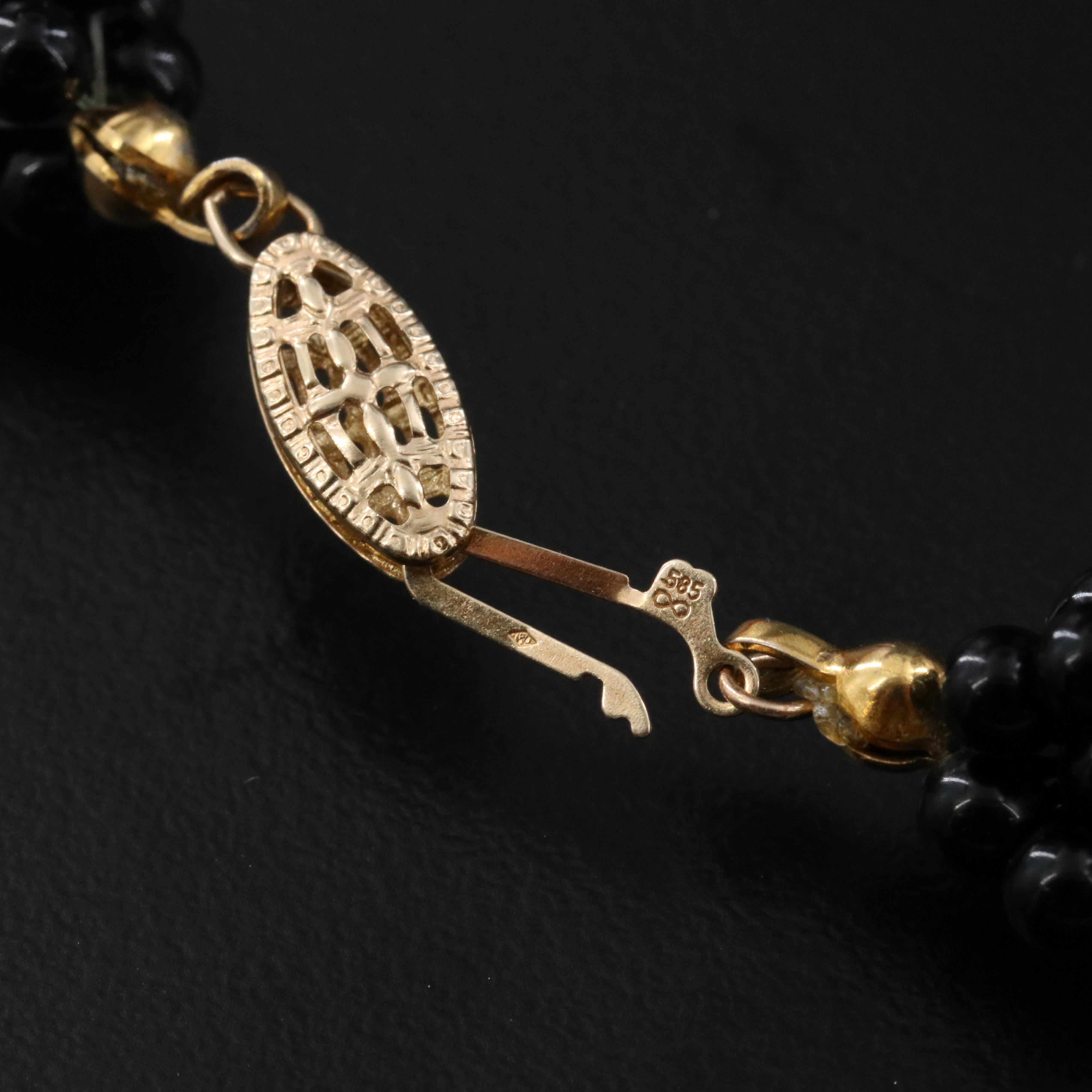 Torsade Black Onyx, Coral and Nephrite Necklace with 14K Clasp