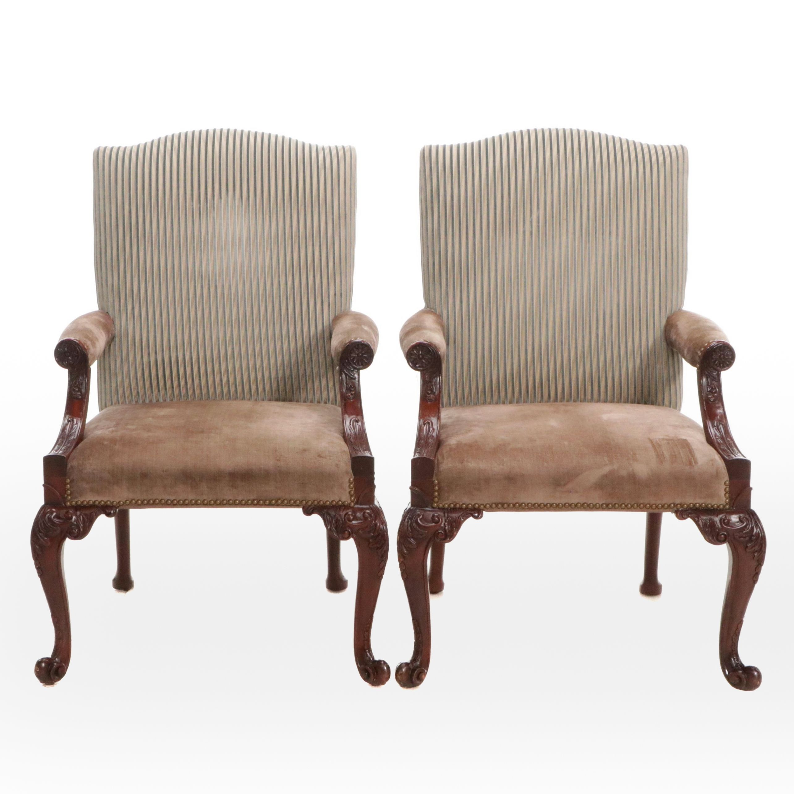 Pair of Georgian Style Mahogany Upholstered Armchairs, Early to Mid-20th Century