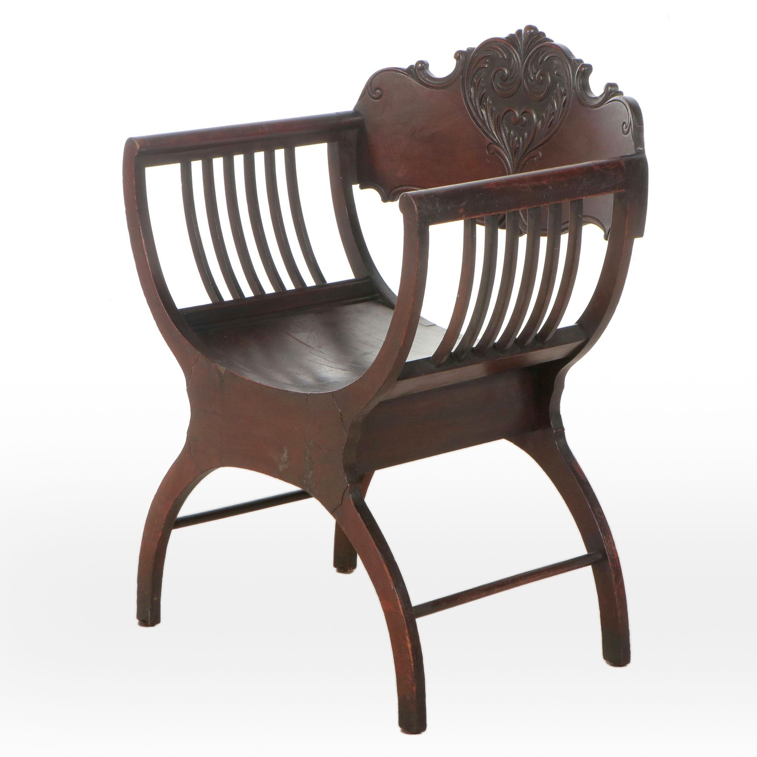 Carved Mahogany Savonarola Style Armchair, Early 20th Century