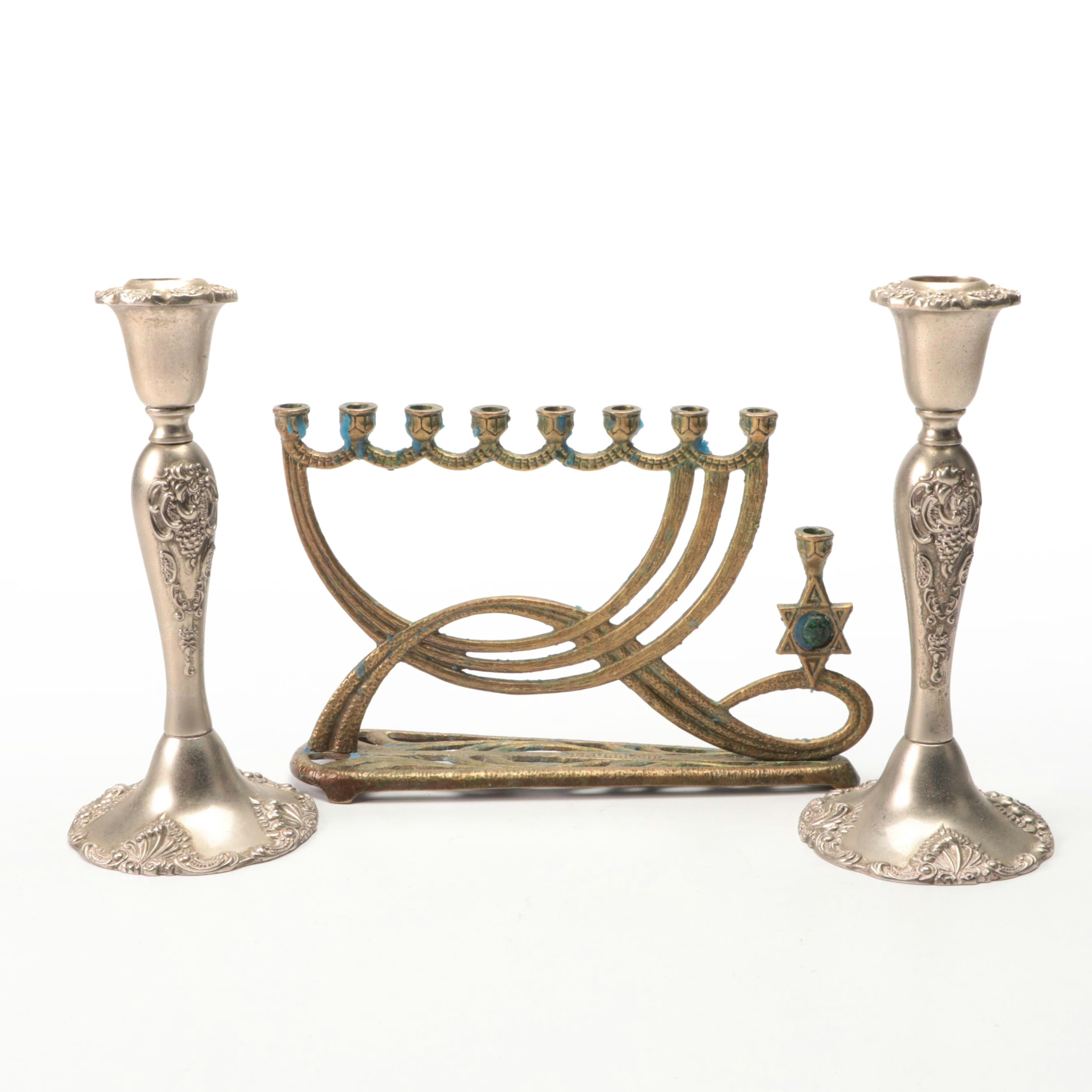 Pair of Godinger Metal Candlesticks with Brass Menorah