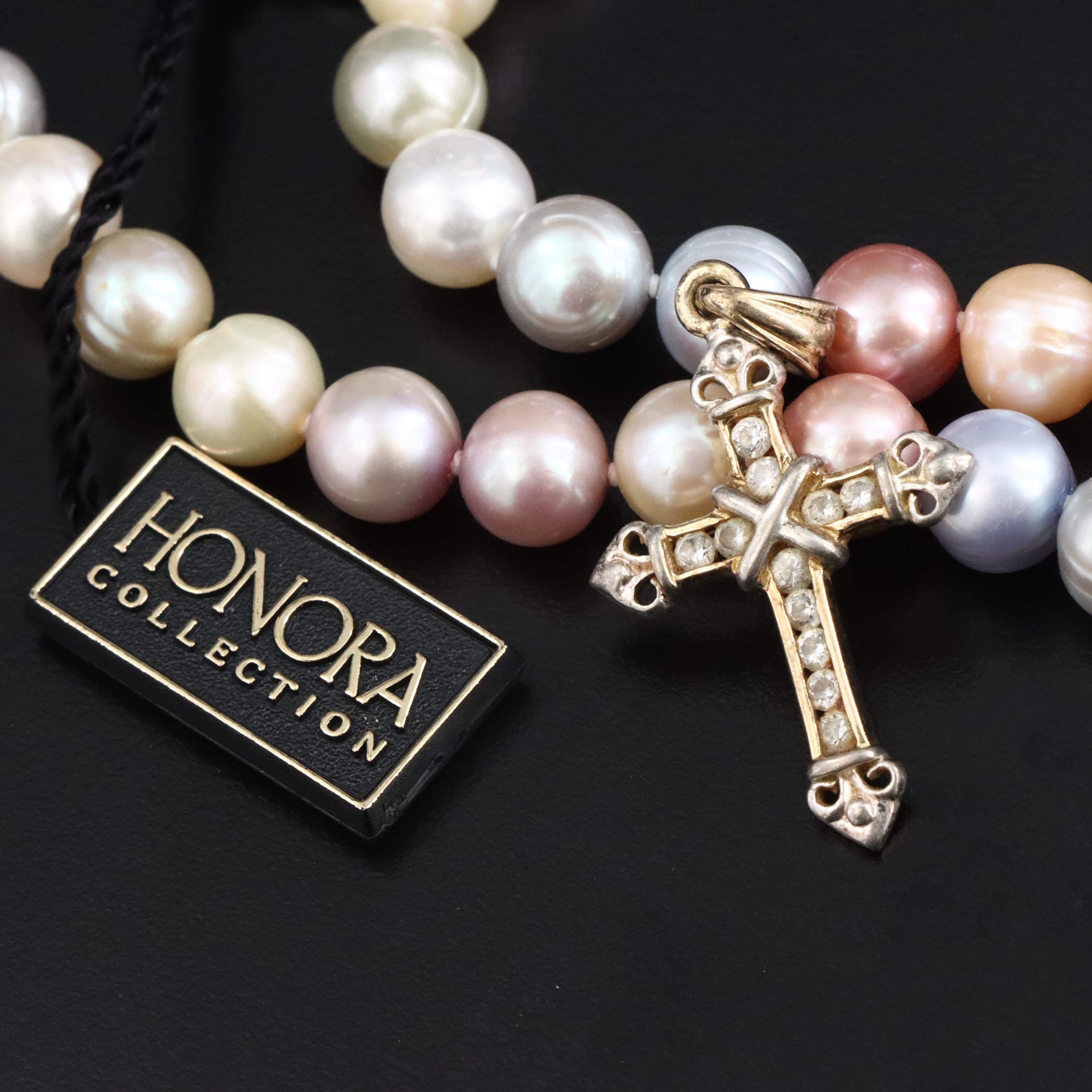 Honora Sterling Pearl Necklace and Bracelet with Sterling Cross Pendant