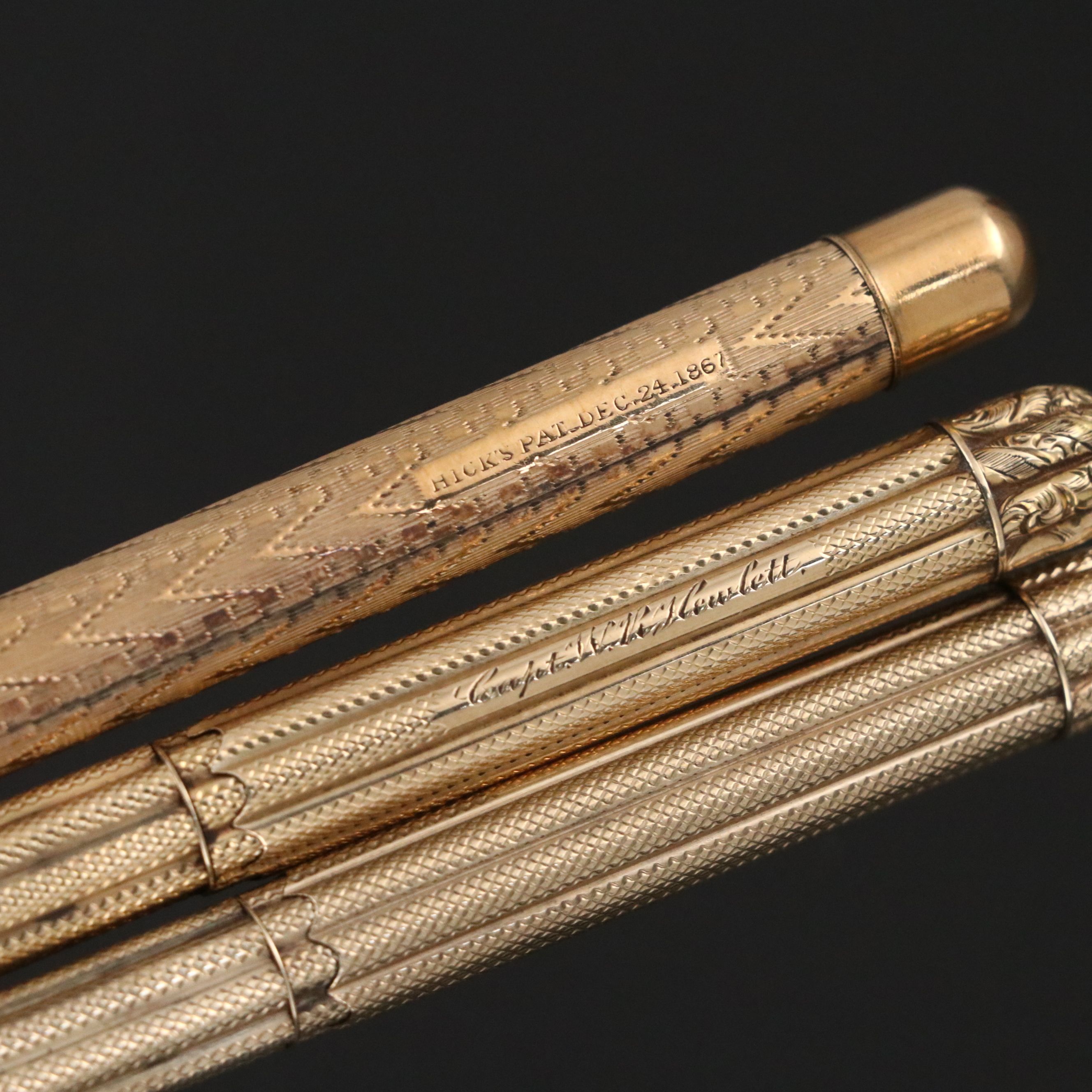 Engraved Gilt Retractable Dip Pens, Late 19th Century