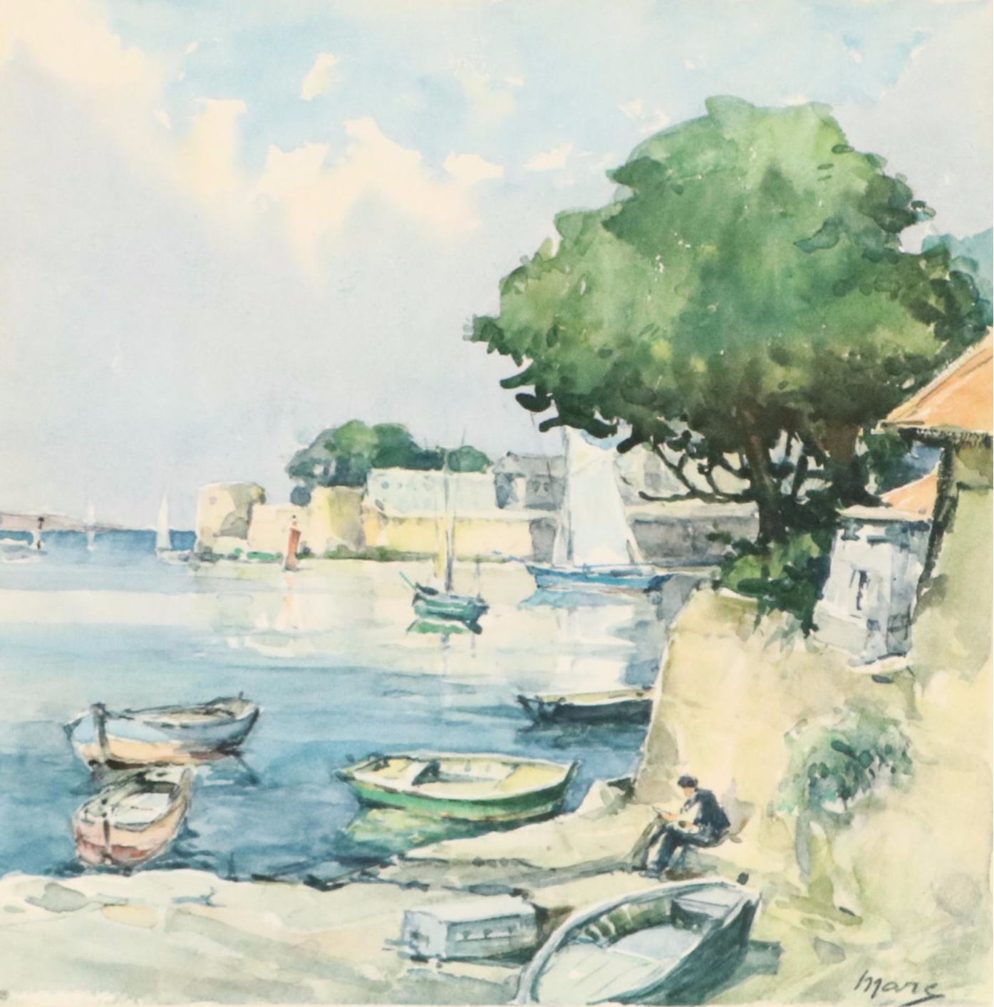 Offset Lithograph of Coastal Scene with Harbor and Boats
