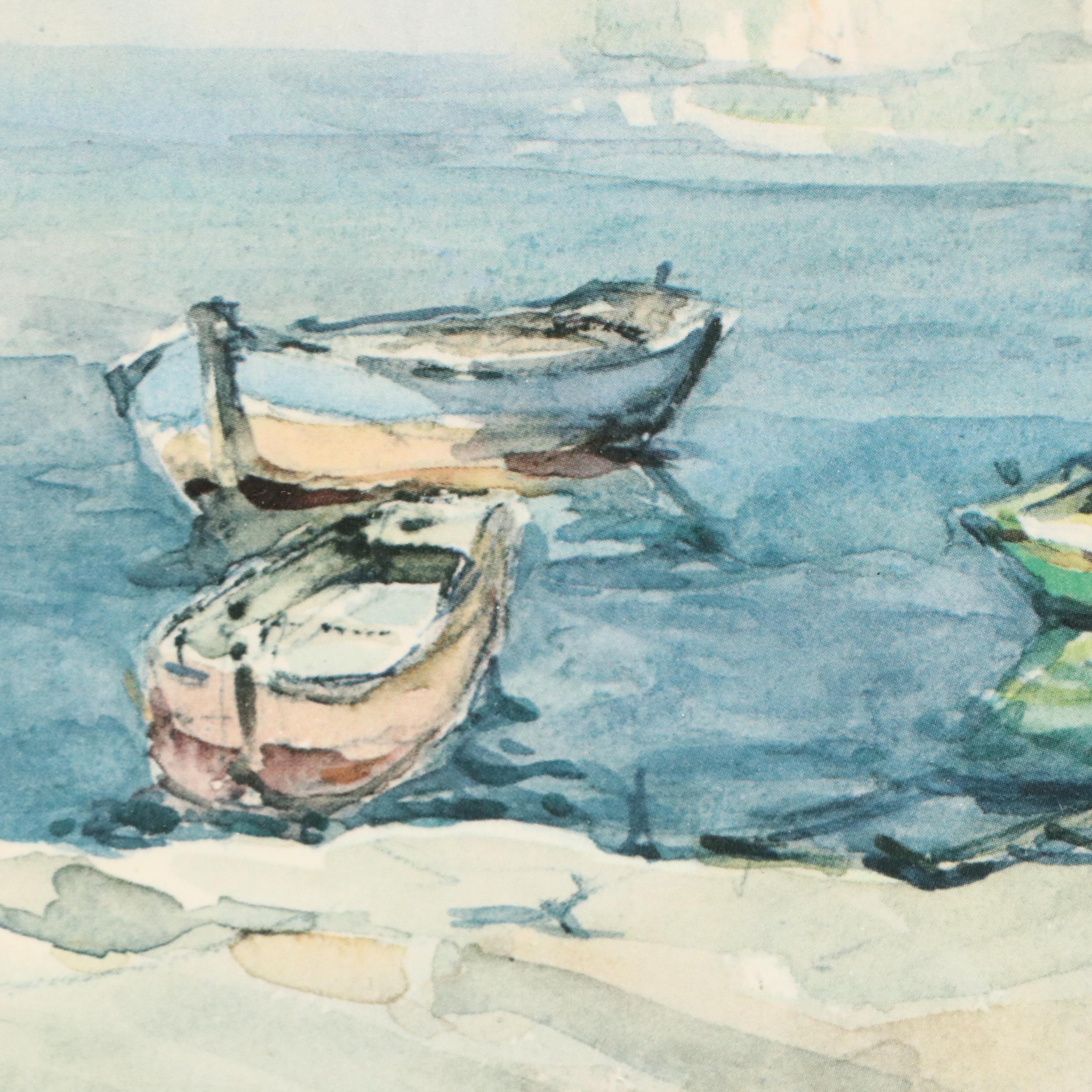 Offset Lithograph of Coastal Scene with Harbor and Boats