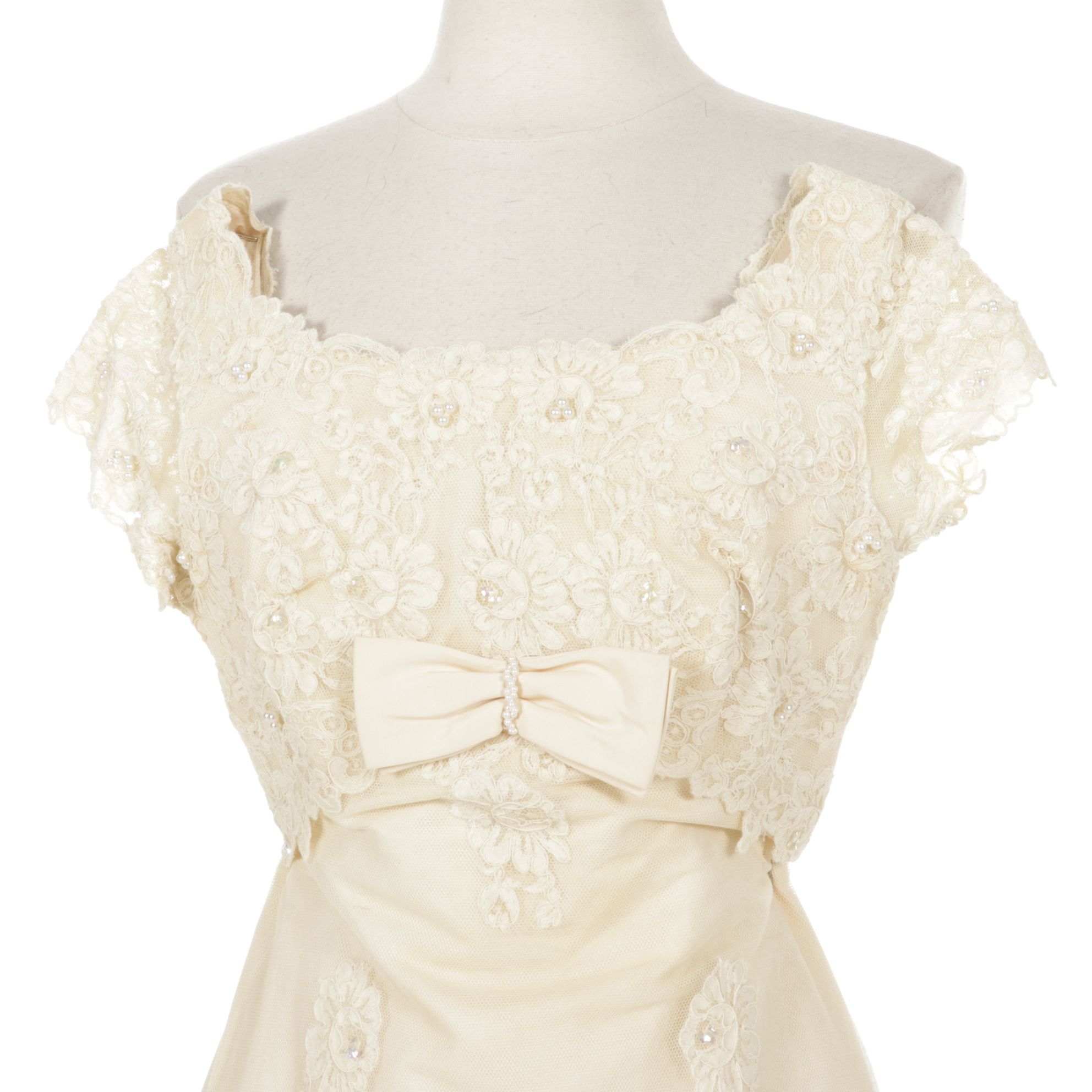 1960s Pearl & Lace Appliqué Wedding Gown with Train by Priscilla of Boston