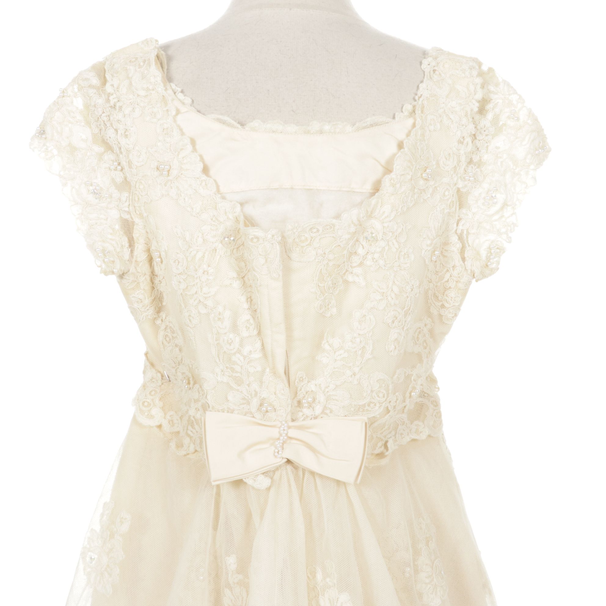 1960s Pearl & Lace Appliqué Wedding Gown with Train by Priscilla of Boston