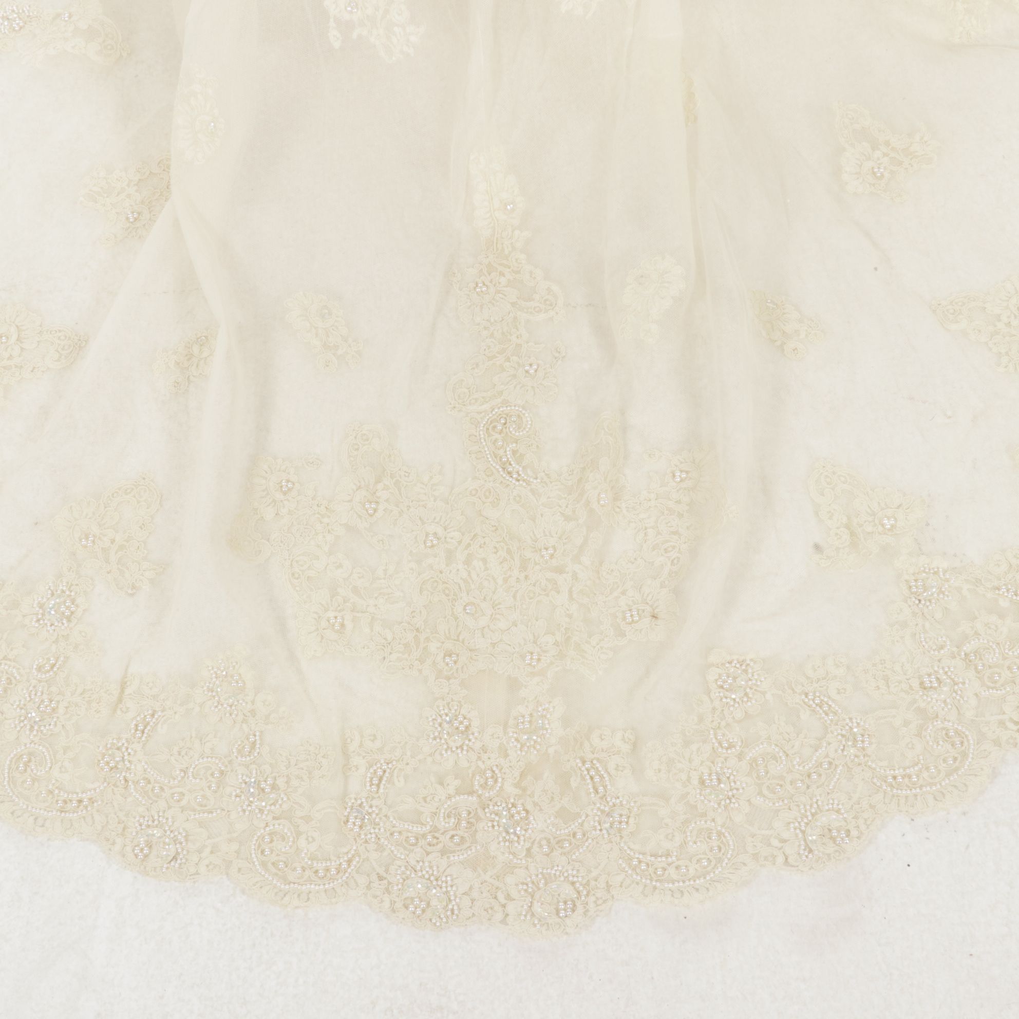 1960s Pearl & Lace Appliqué Wedding Gown with Train by Priscilla of Boston