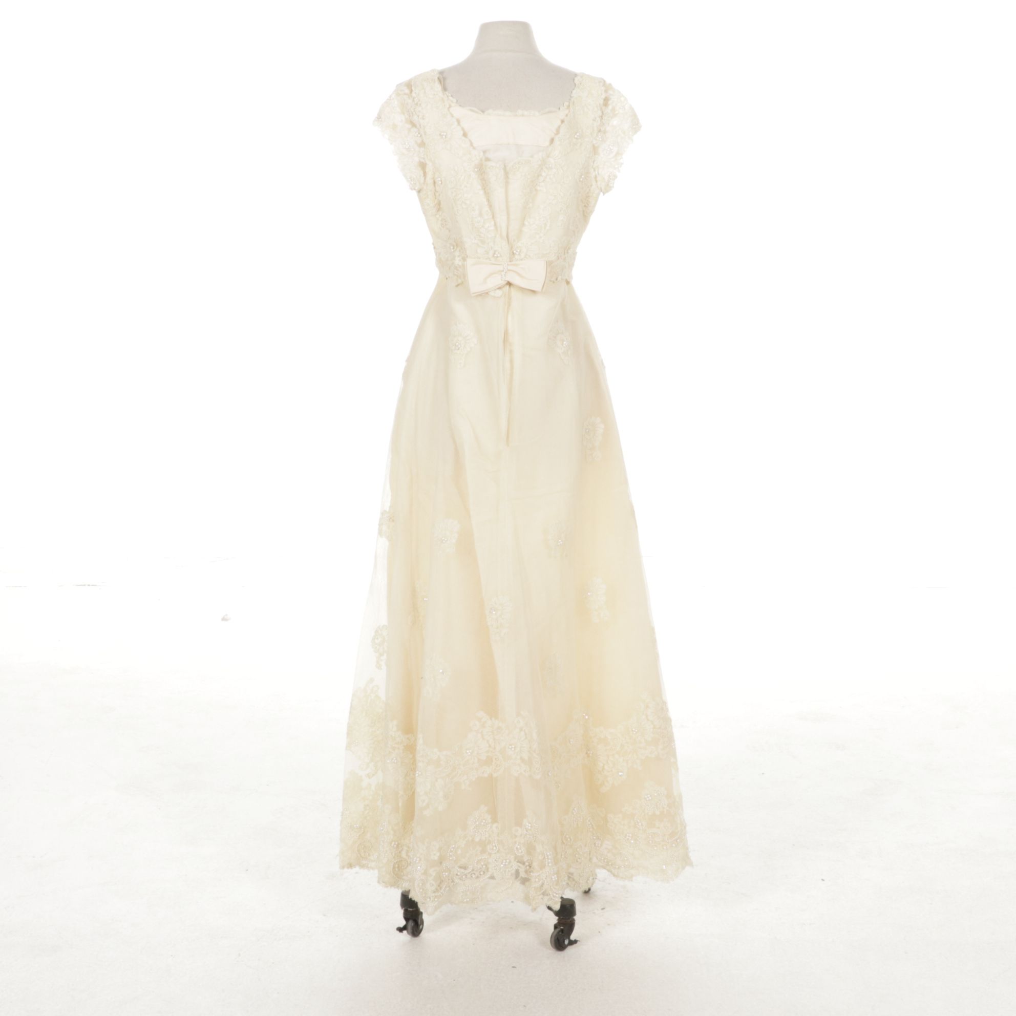 1960s Pearl & Lace Appliqué Wedding Gown with Train by Priscilla of Boston