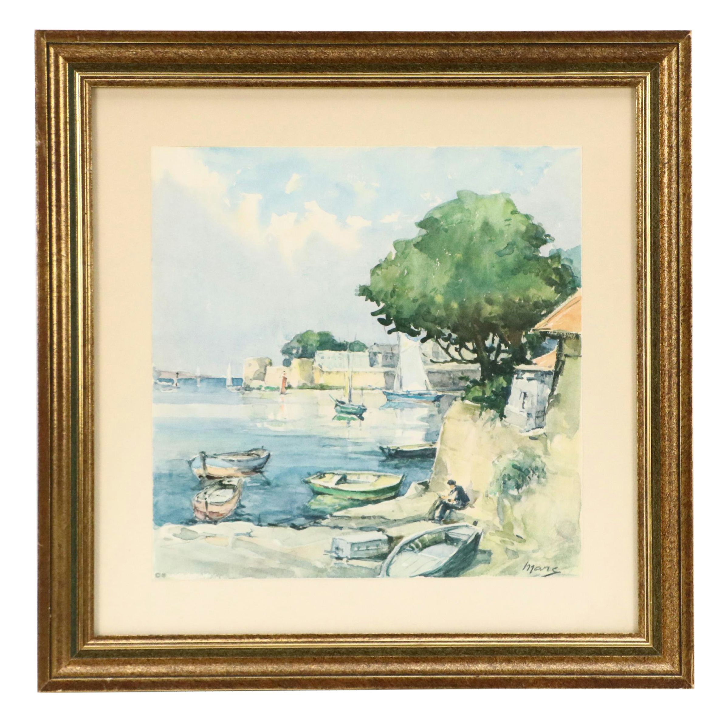 Offset Lithograph of Coastal Scene with Harbor and Boats