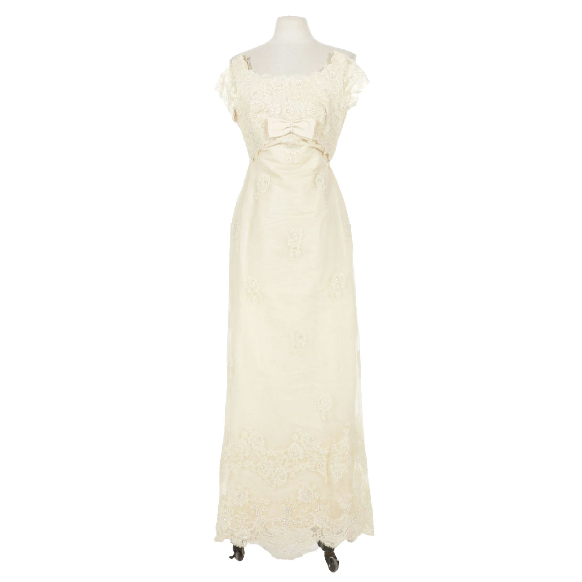 1960s Pearl & Lace Appliqué Wedding Gown with Train by Priscilla of Boston