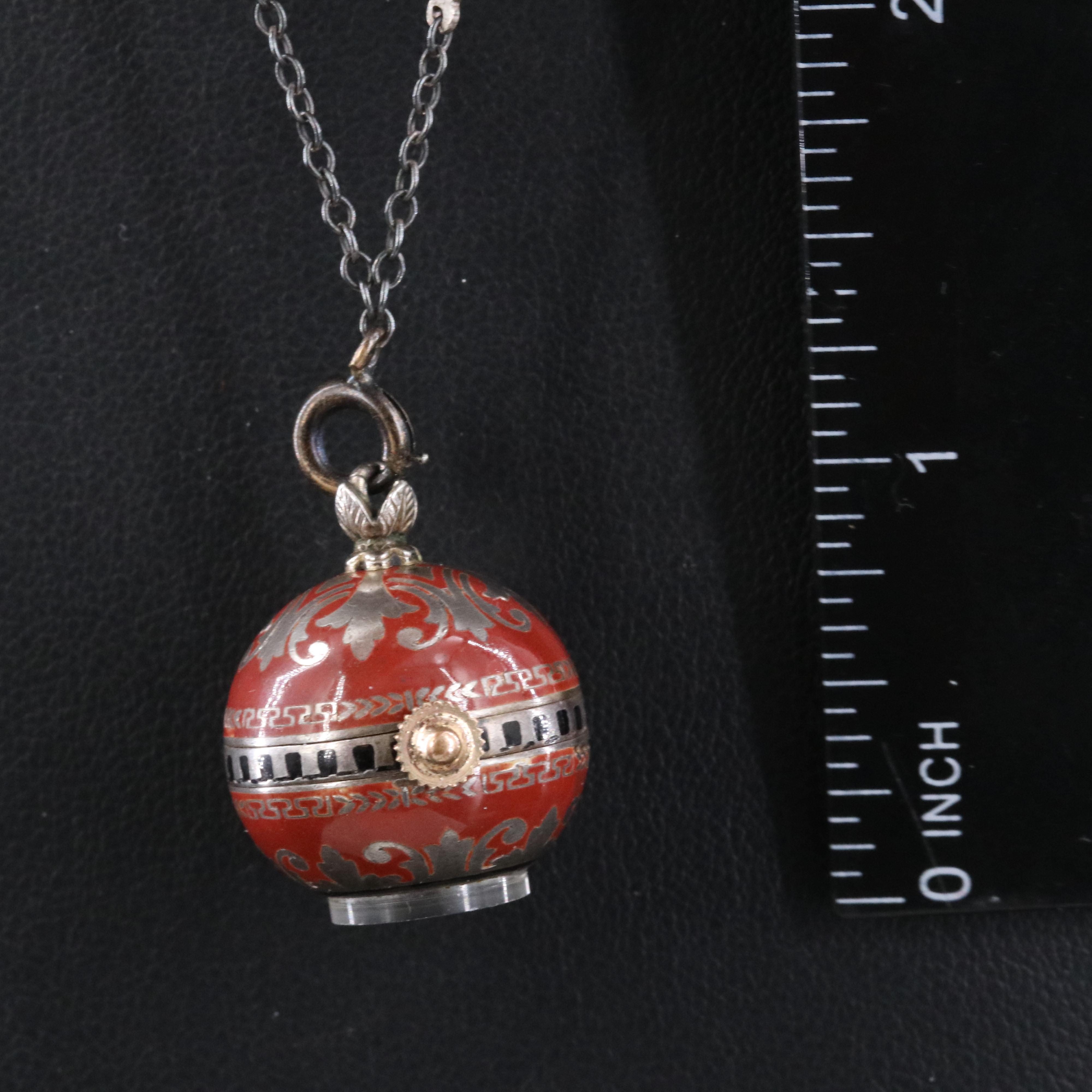 Vitreous Enamel and Sterling Design on Orb Pendant Watch with Sterling Chain