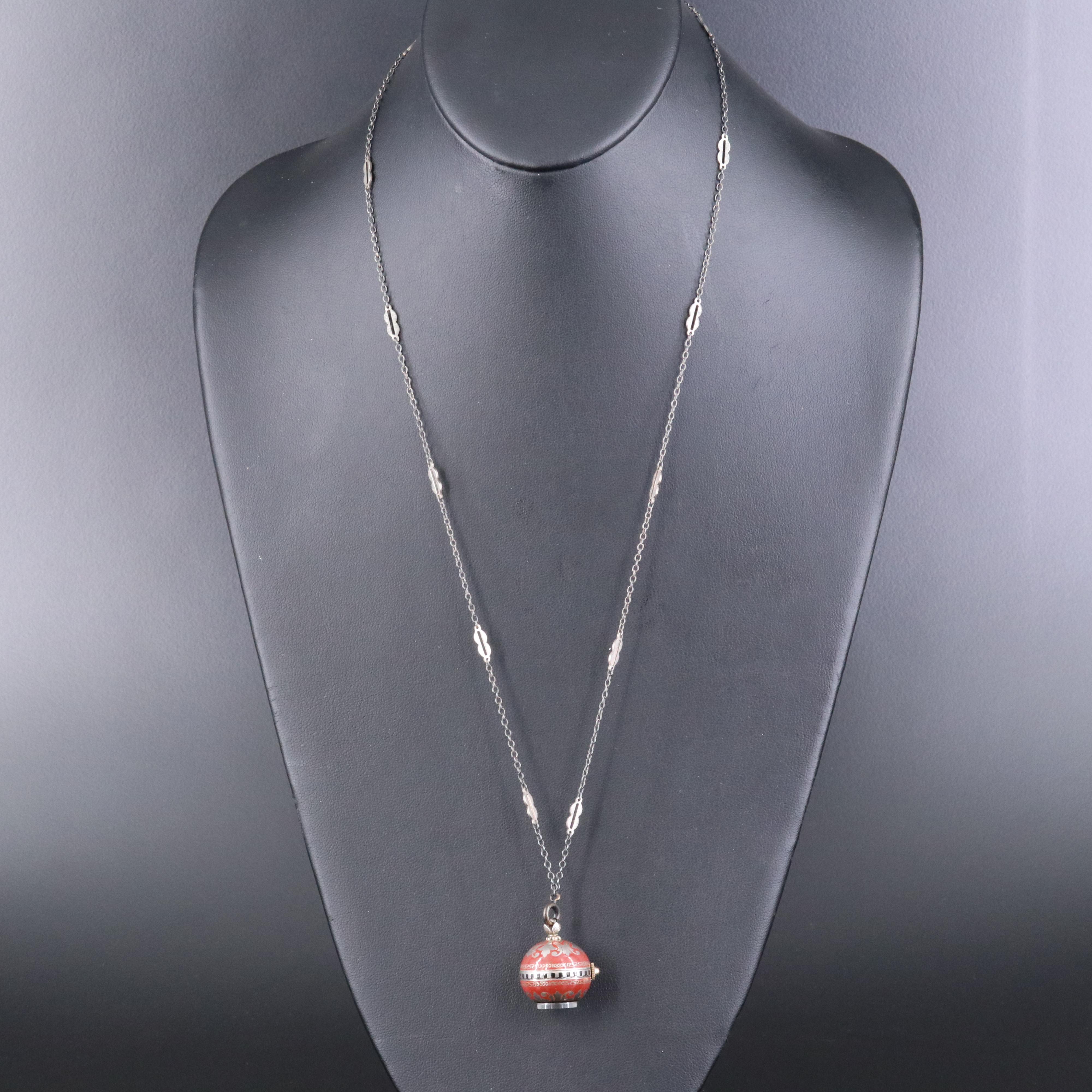Vitreous Enamel and Sterling Design on Orb Pendant Watch with Sterling Chain