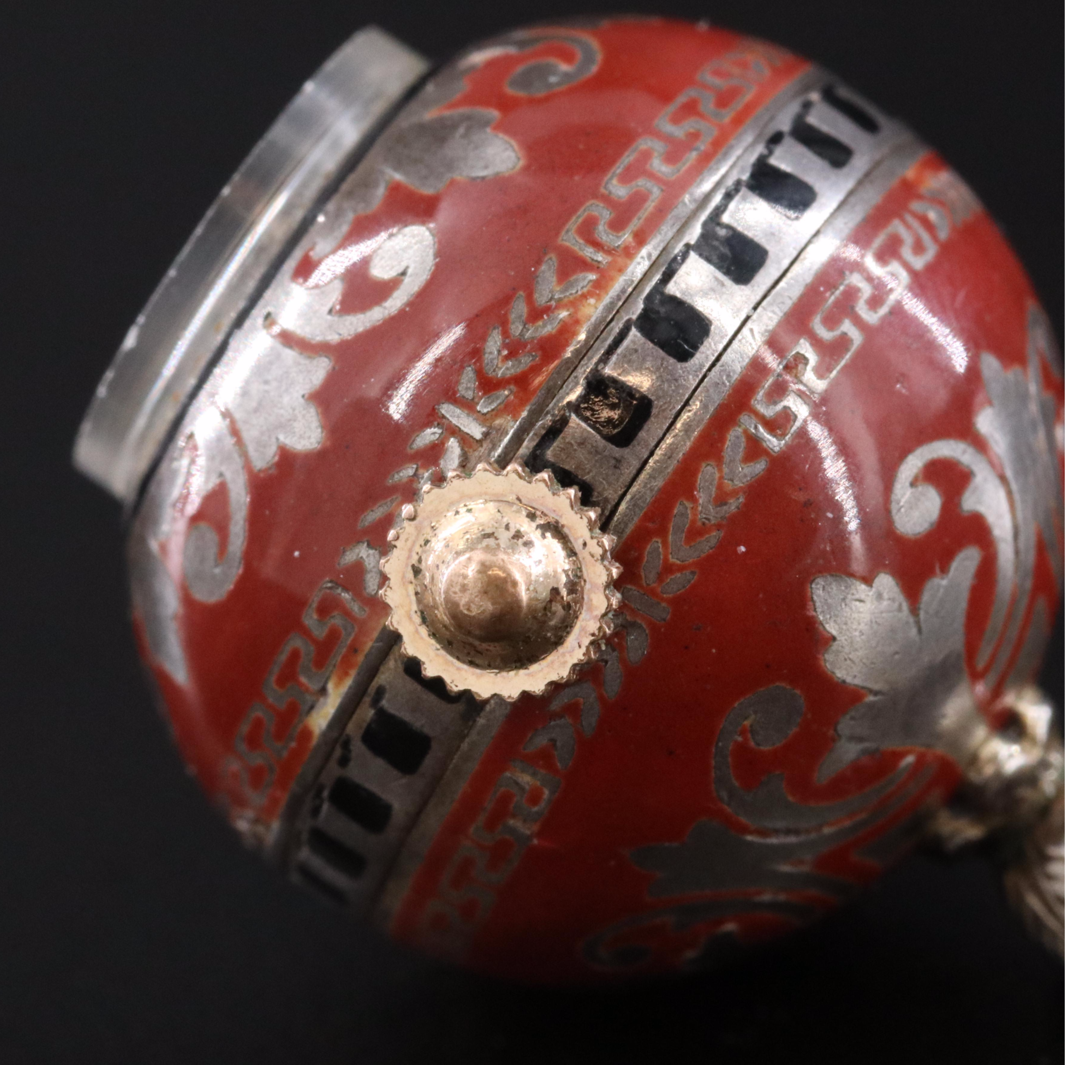 Vitreous Enamel and Sterling Design on Orb Pendant Watch with Sterling Chain