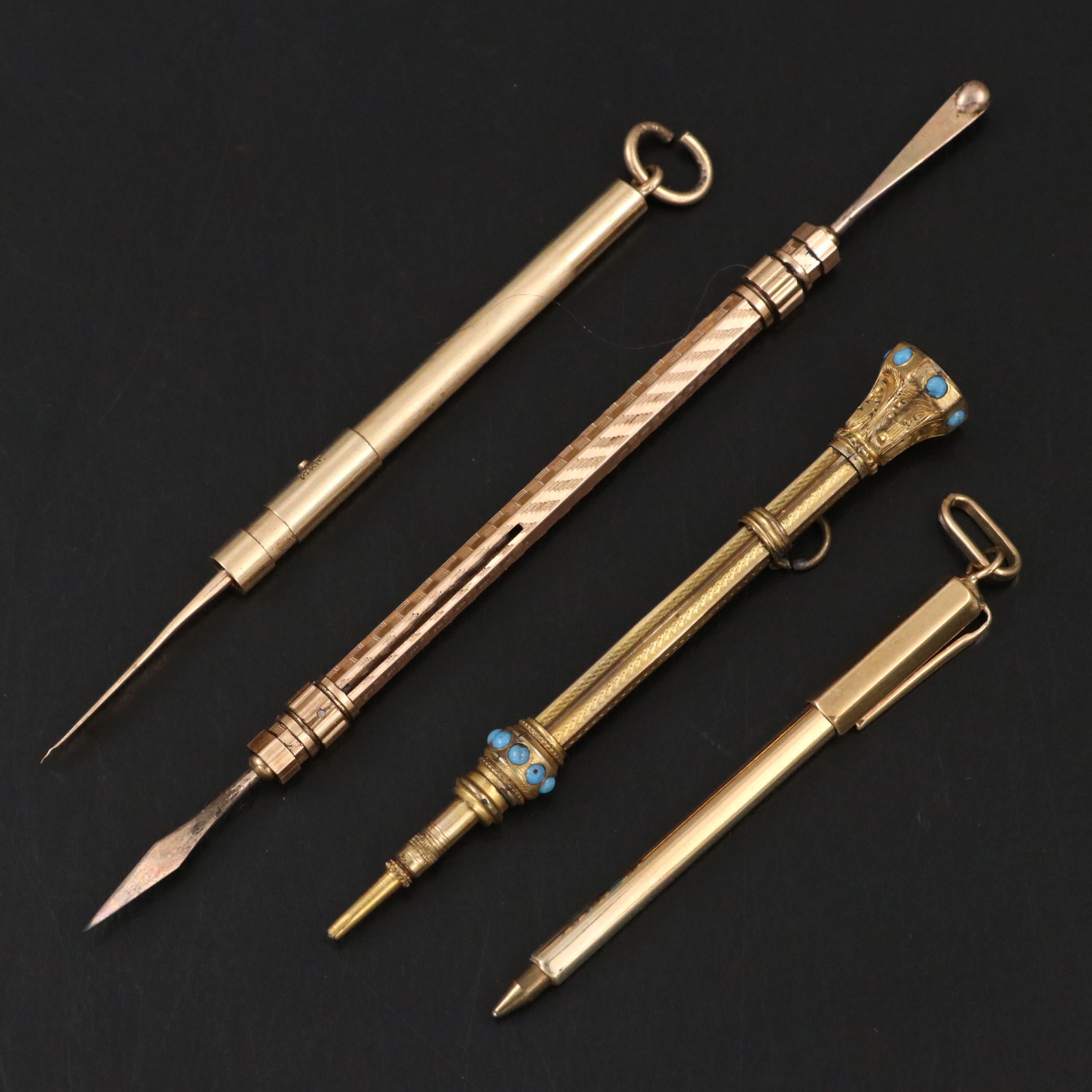 Engraved Gold Plate Chatelaine Pencils, Italian 14K and Other Snuff Scoop