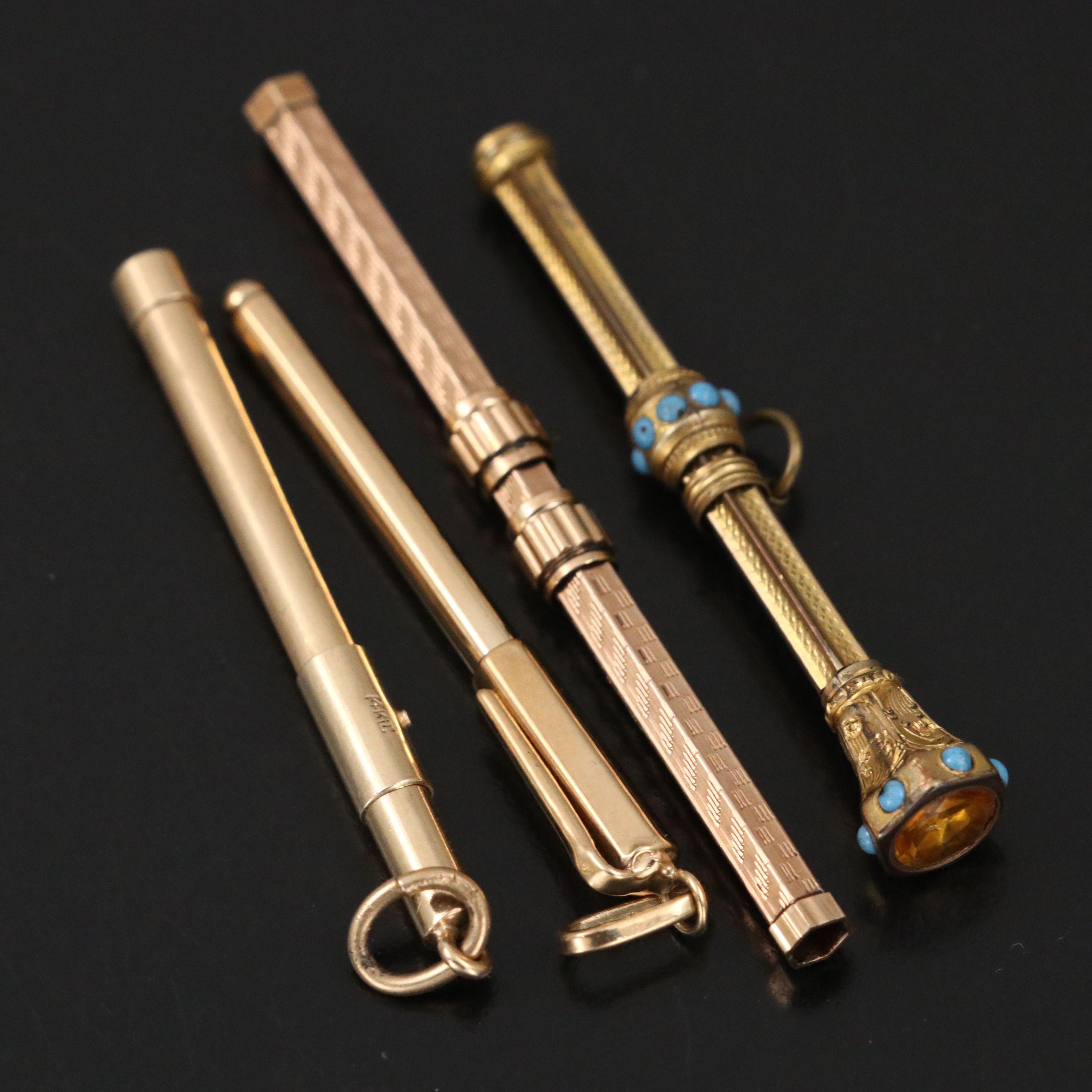 Engraved Gold Plate Chatelaine Pencils, Italian 14K and Other Snuff Scoop