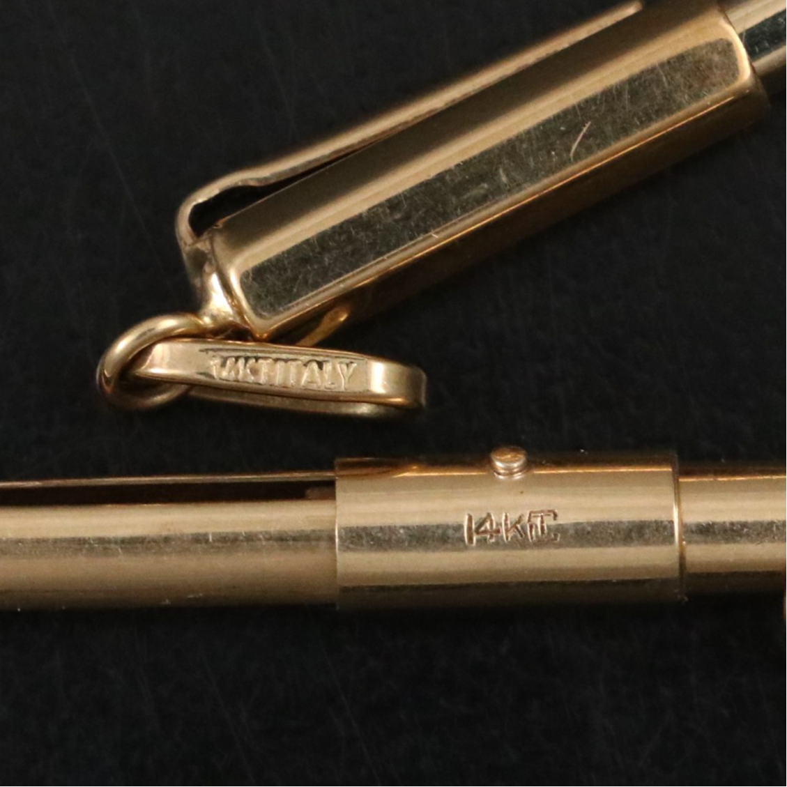 Engraved Gold Plate Chatelaine Pencils, Italian 14K and Other Snuff Scoop