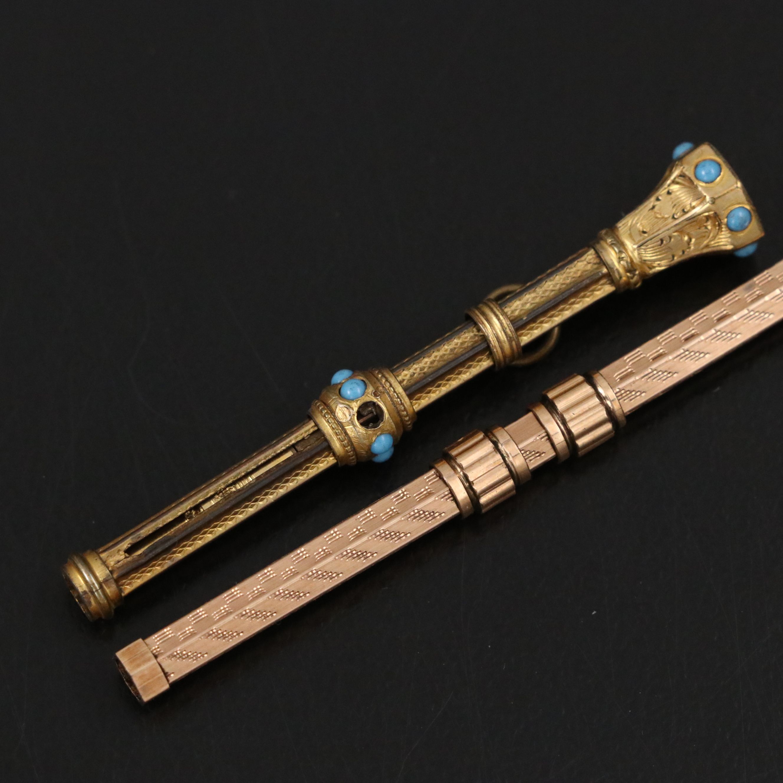 Engraved Gold Plate Chatelaine Pencils, Italian 14K and Other Snuff Scoop