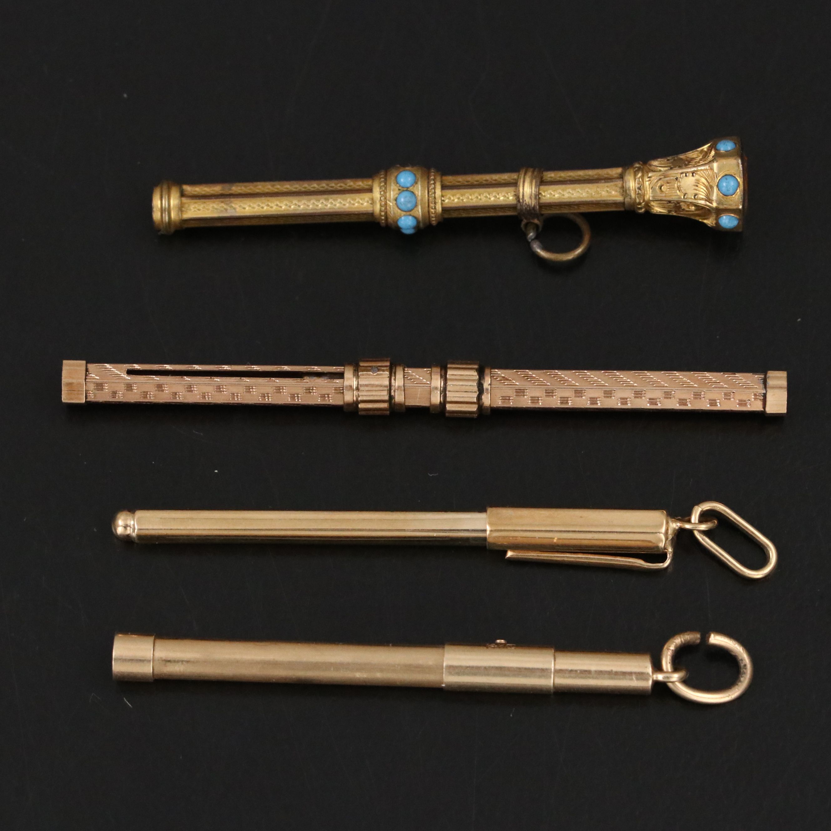 Engraved Gold Plate Chatelaine Pencils, Italian 14K and Other Snuff Scoop
