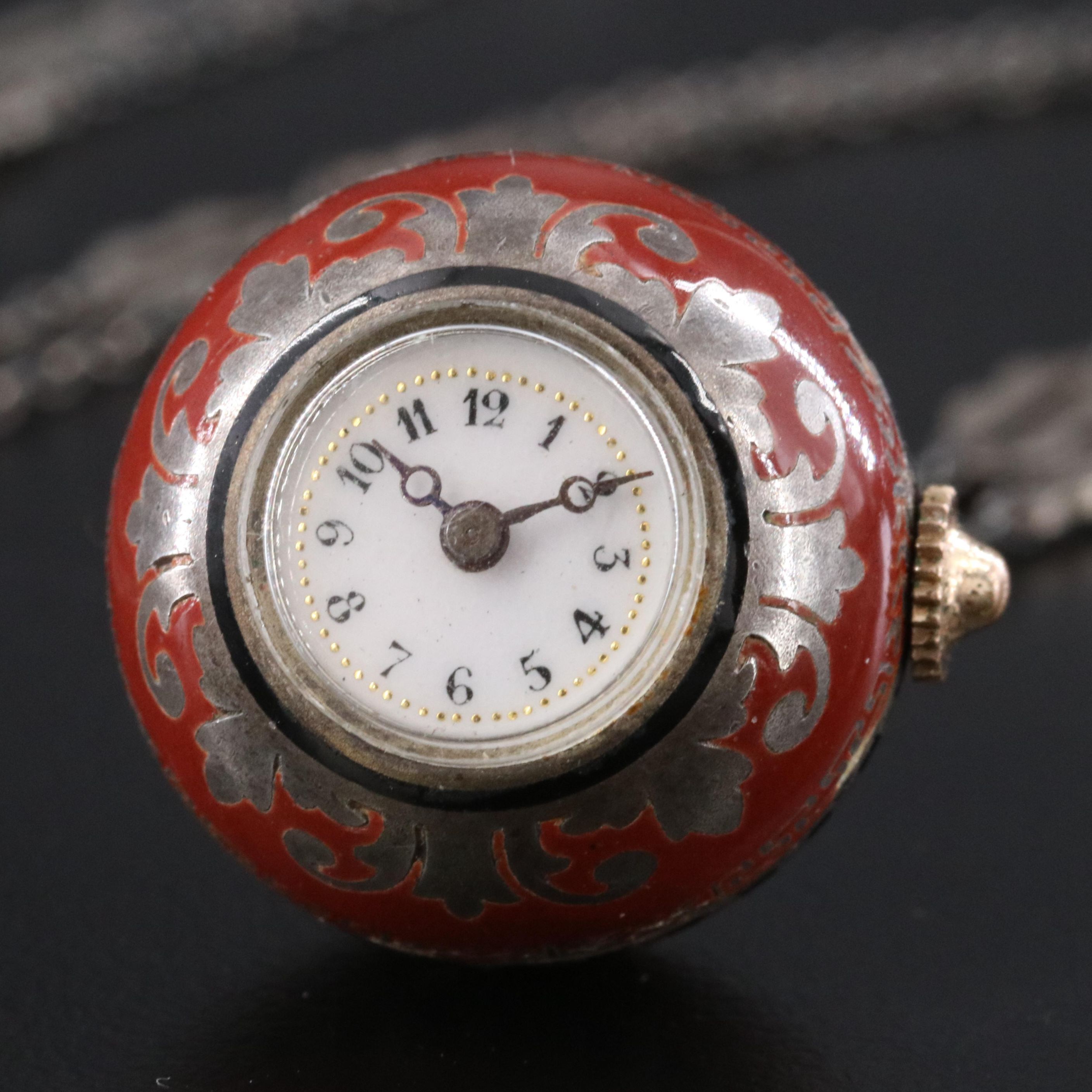 Vitreous Enamel and Sterling Design on Orb Pendant Watch with Sterling Chain