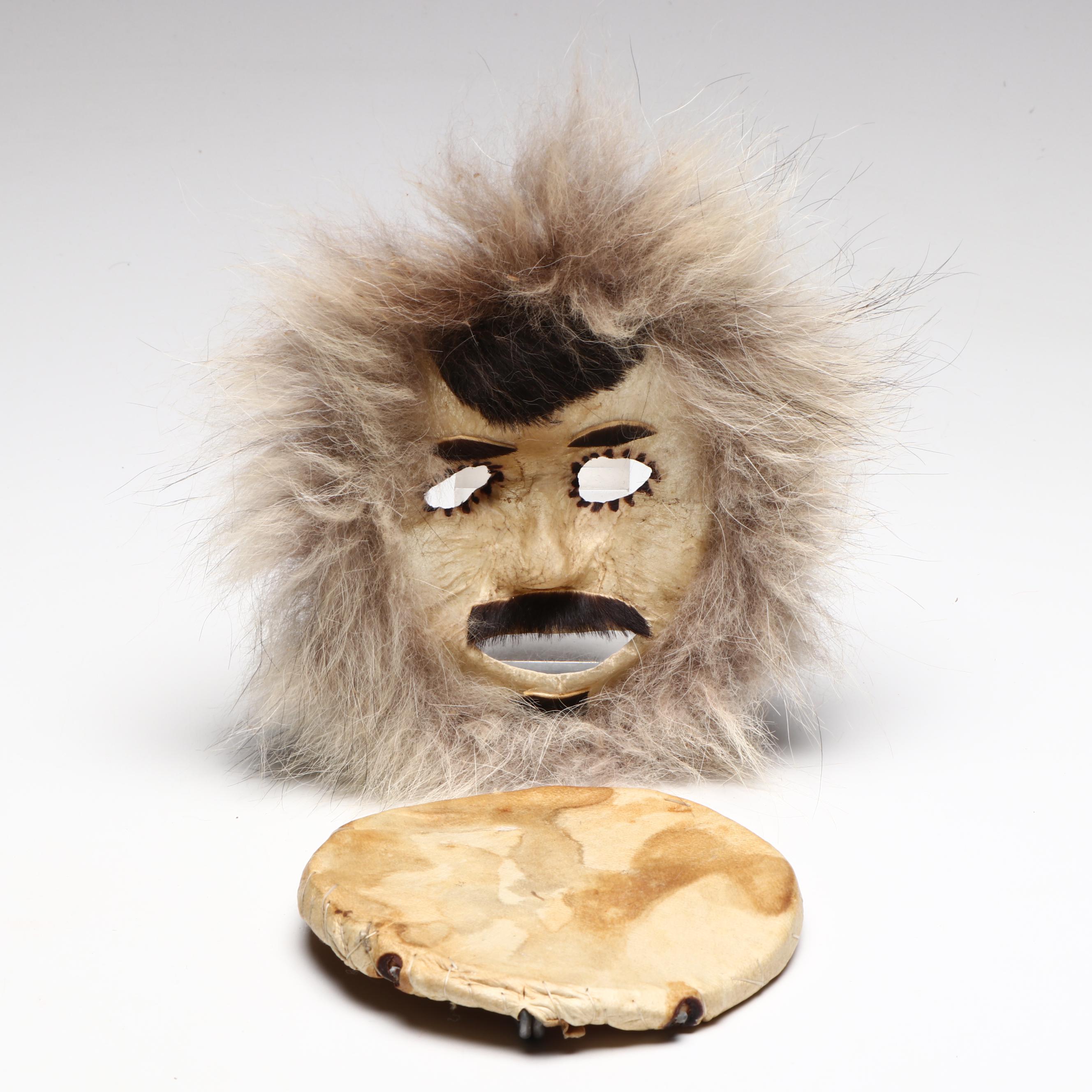 Inuit Hide and Fur Mask with Stretched Hide Disk, 20th Century