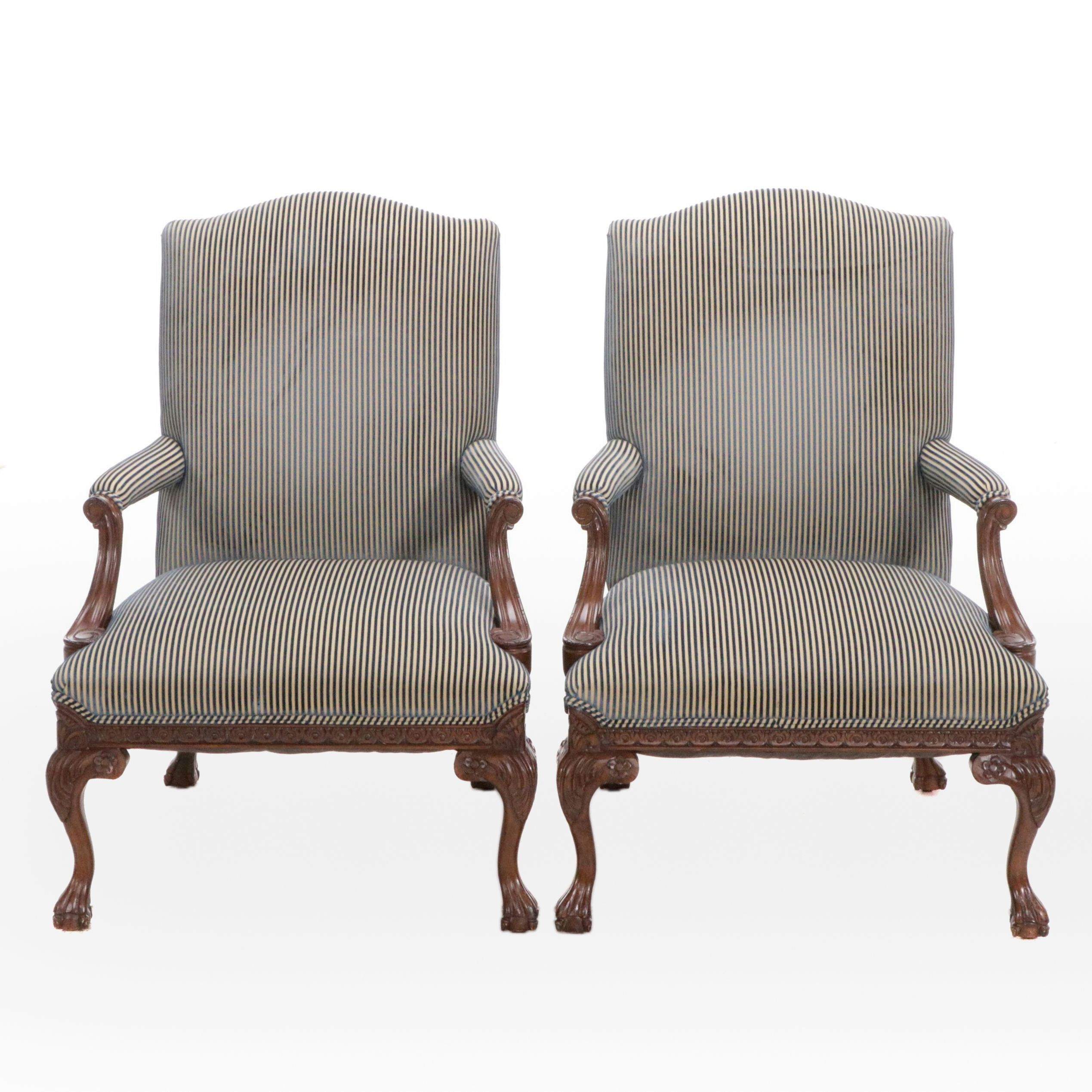 Pair of Chippendale Style Striped Armchairs