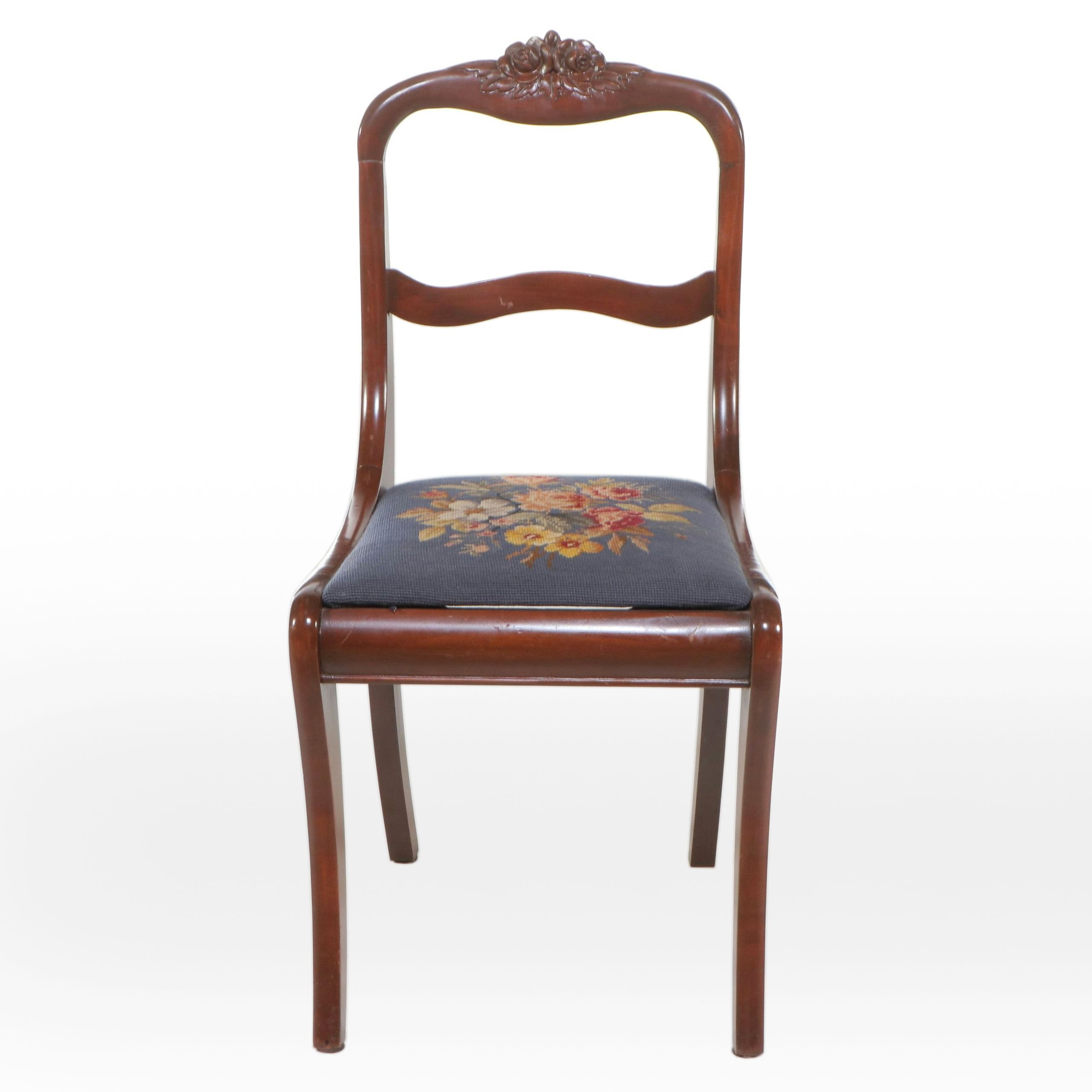 Victorian Carved Mahogany Saber Leg Side Chair with Needlepoint Upholstery