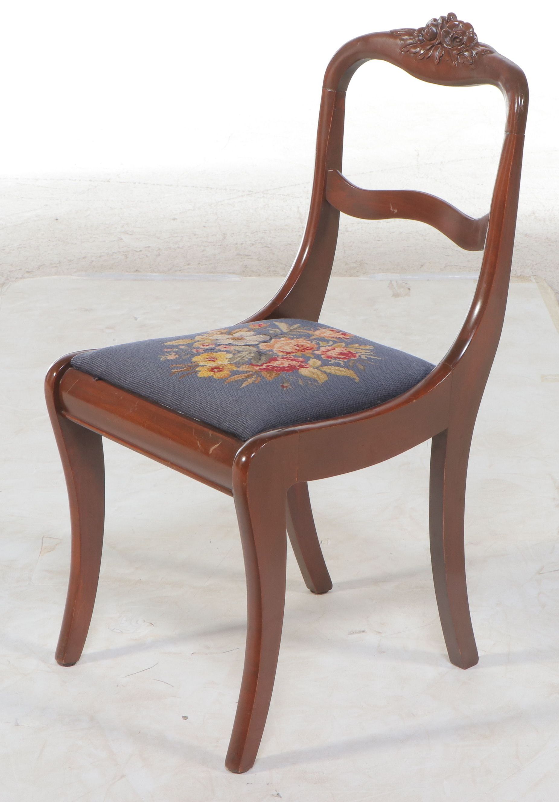 Victorian Carved Mahogany Saber Leg Side Chair with Needlepoint Upholstery