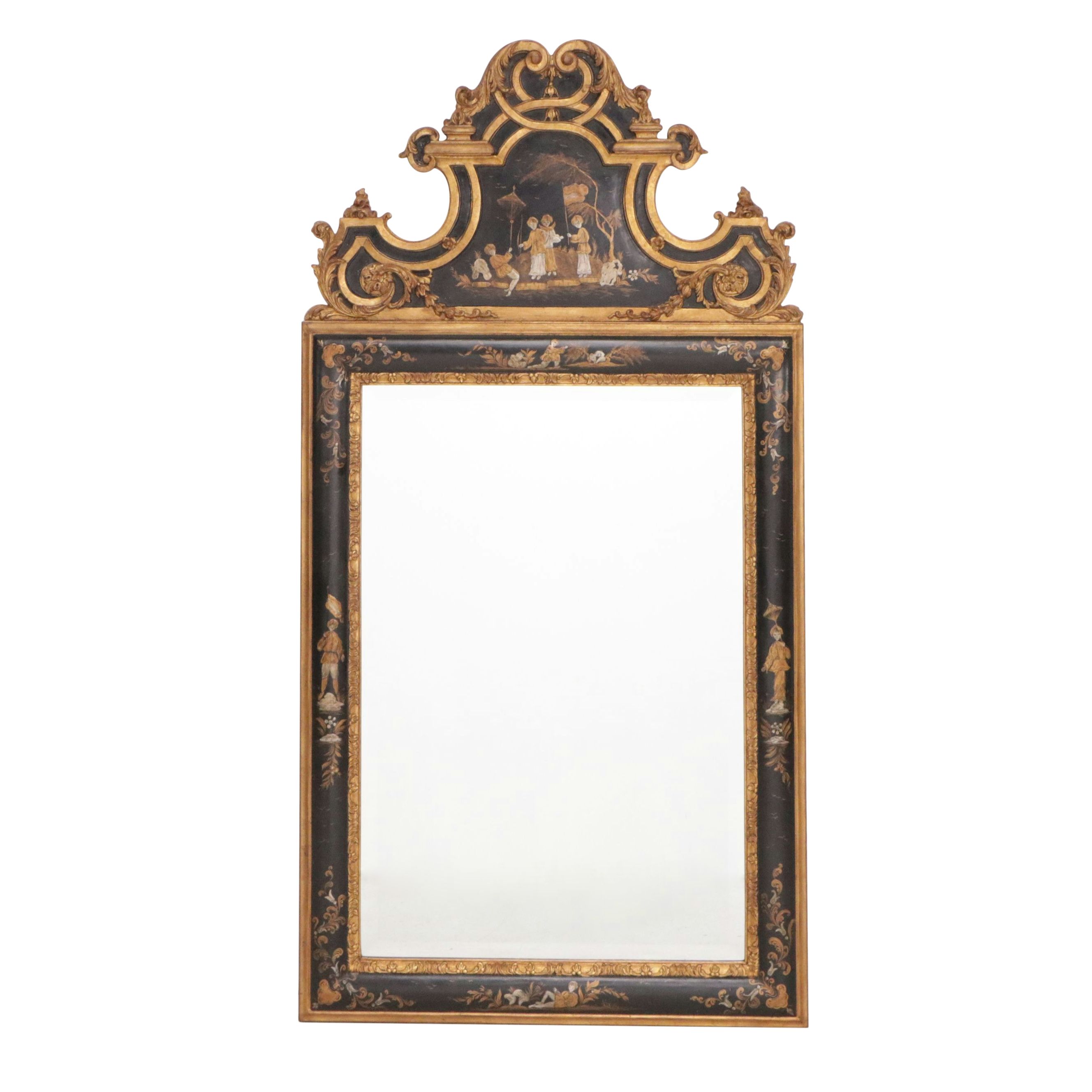 Italian Style Parcel Gilt and Ebonized Wood Chinoiserie Wall Mirror