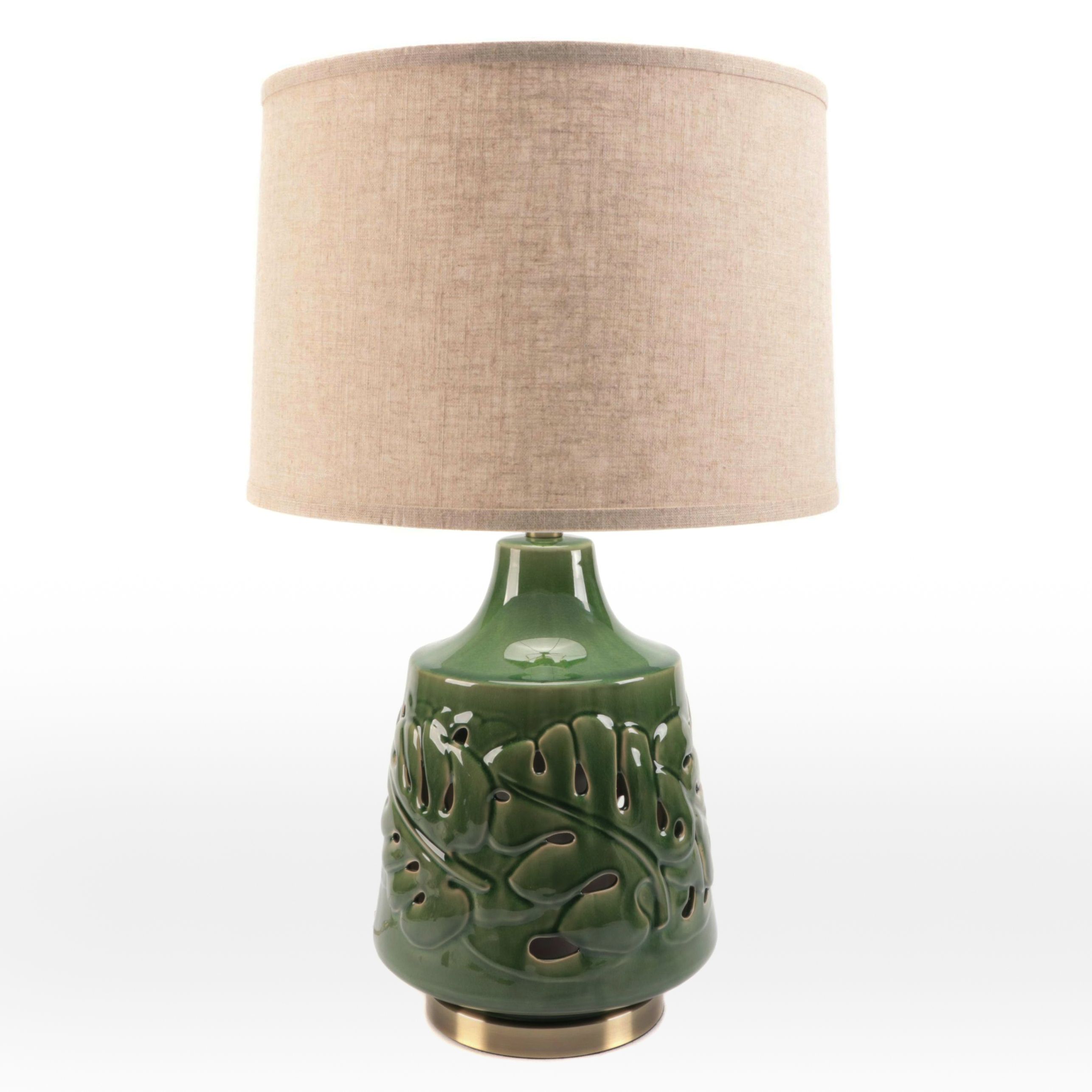 Pacific Coast Lighting Green Monstera Leaves Ceramic Lamp with Illuminated Base
