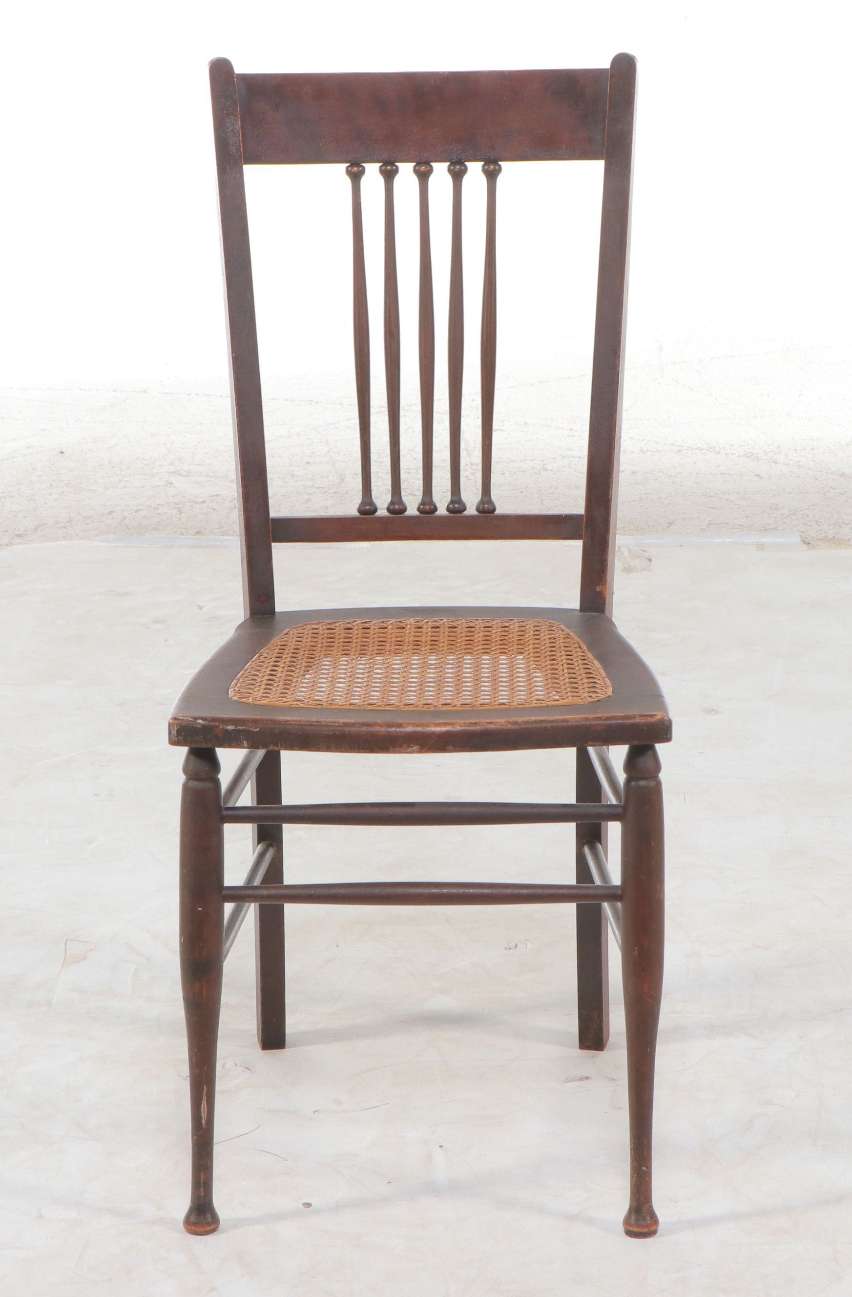 Pair of Edwardian Style Spindle Back Walnut Finish Cane Bottom Chairs