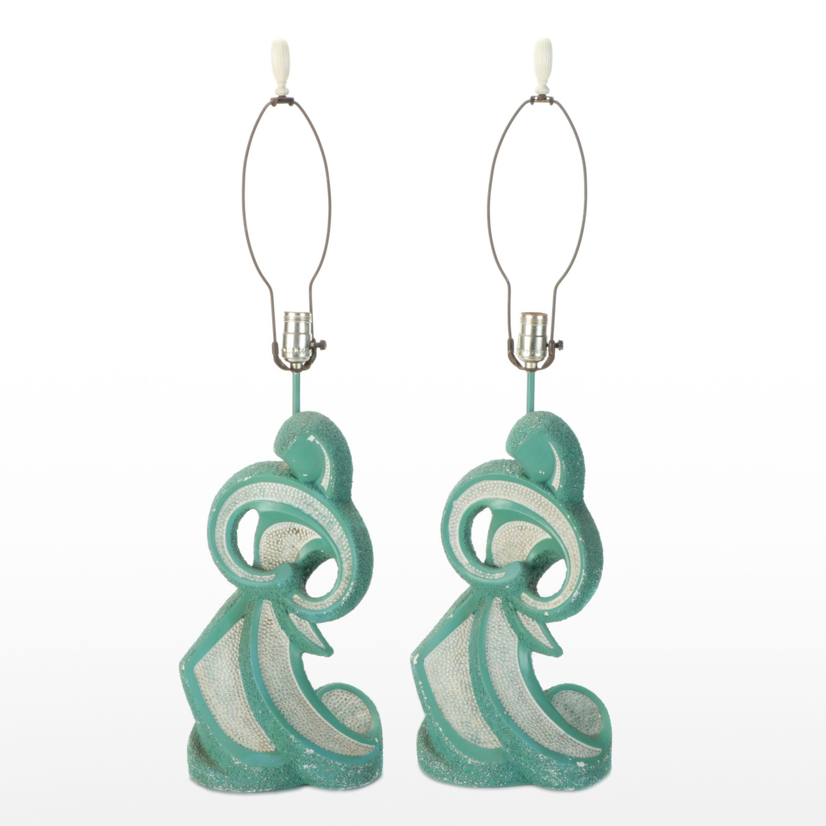 Pair of Mid Century Modern Turquoise Textured Abstract Table Lamps