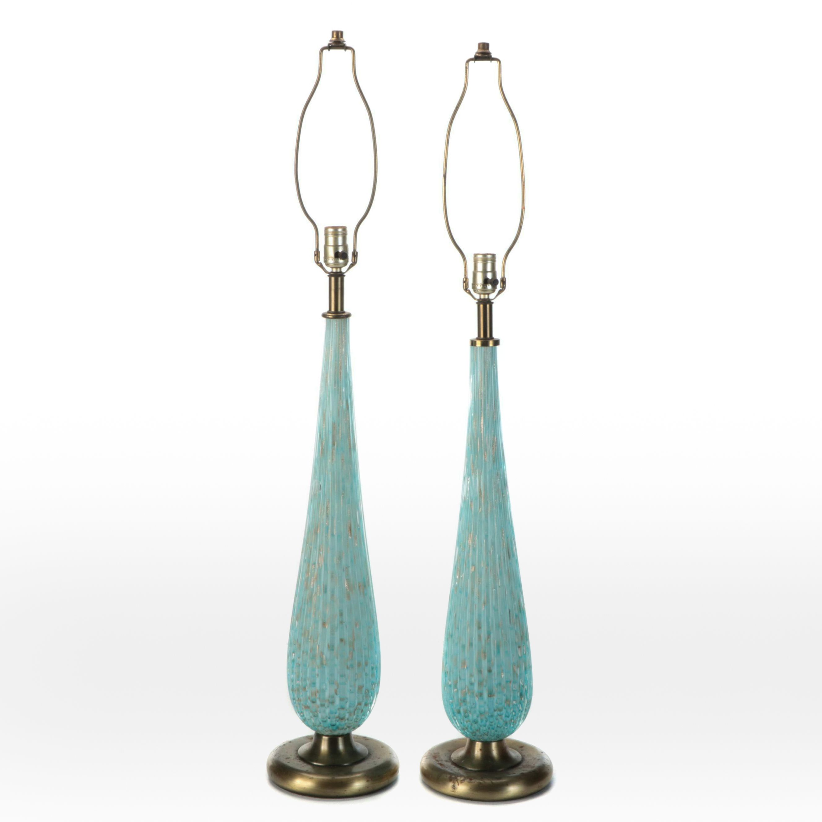 Monumental Pair of Murano Ribbed Turquoise with Aventurine Art Glass Table Lamps