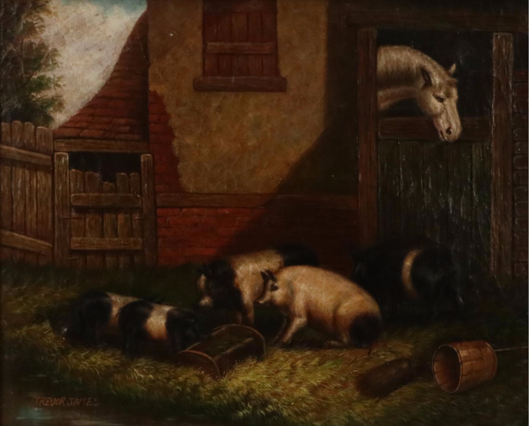 Trevor James Oil Painting of Barnyard Scene With Pigs, 20th Century