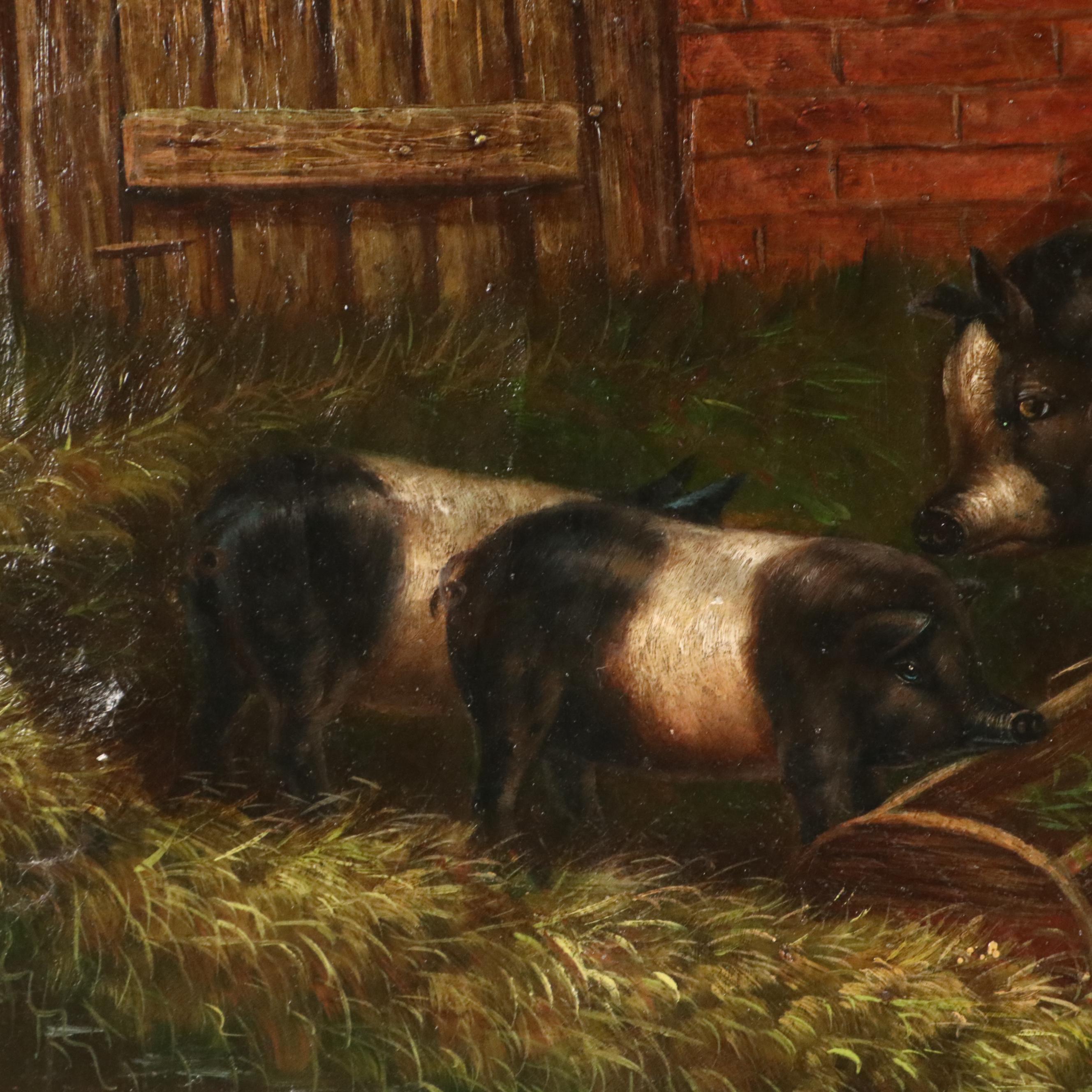 Trevor James Oil Painting of Barnyard Scene With Pigs, 20th Century